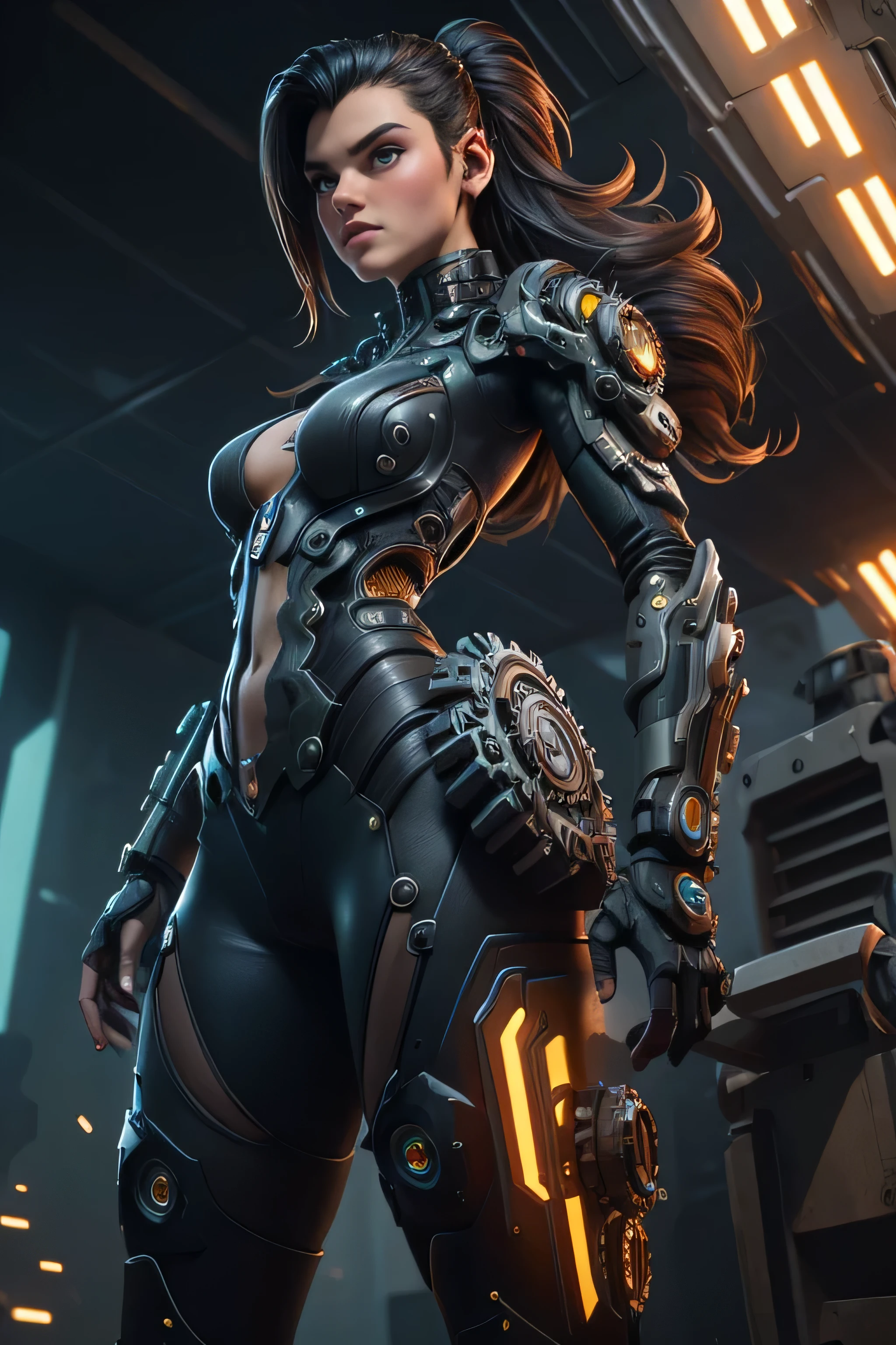 Woman futuristic costume , cyberpunk, magnificent anatomy , Dynamic Pose , face to the camera, gears and bolts , mechanical engineering , composition epic character, Natural lighting, sharp focus, ultra resolution , bottomless.