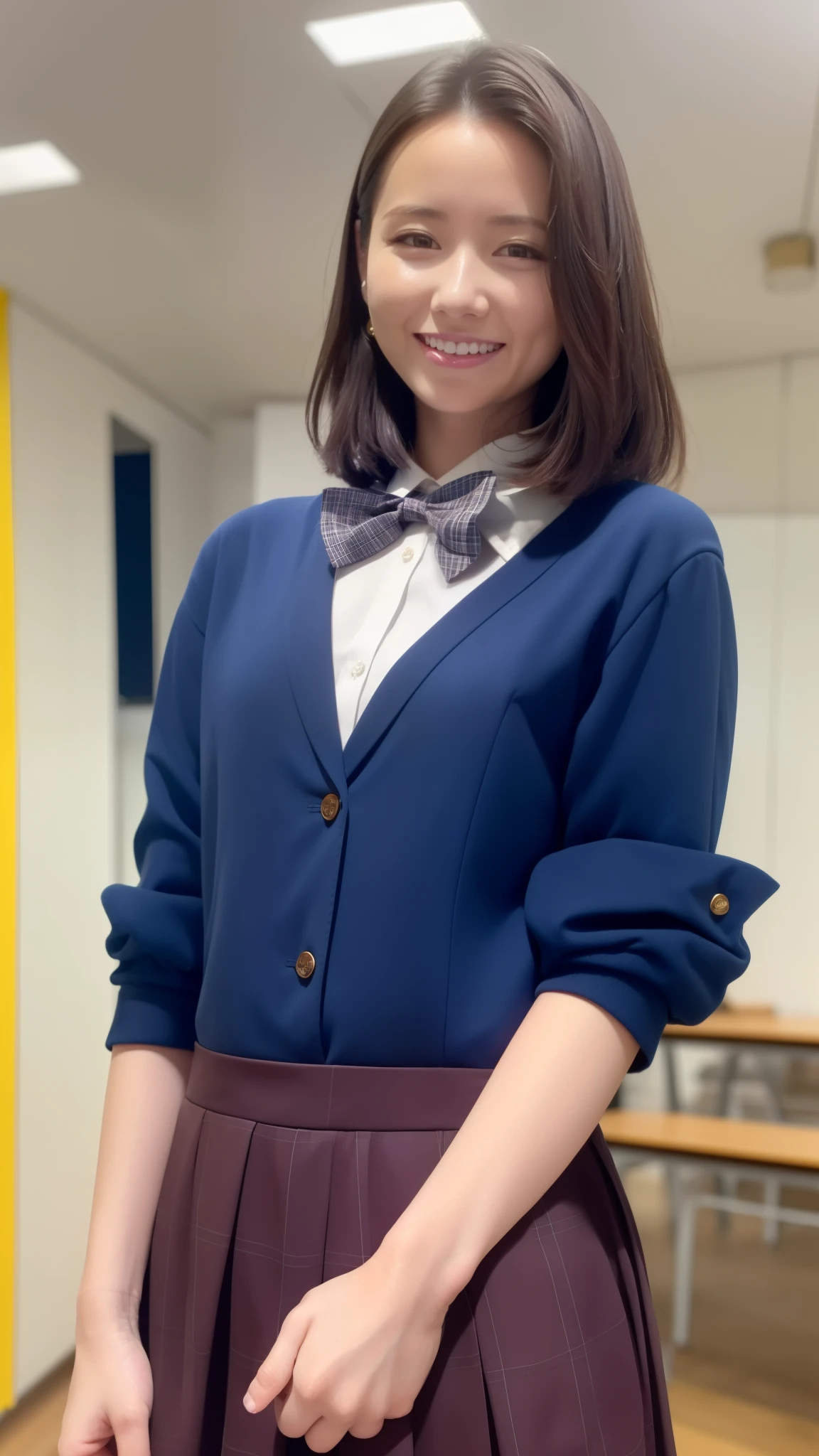 (Highest quality, 4K, High resolution, masterpiece, Genuine, Realistic, Realistic:1.3), (upper body), Girl standing in a school changingroom and touching skirt, blue bow tie uniform, Dark Blown Blazer, blown plaid skirt, Ear piercing, Gal Makeup, wearing white collared shirts, ((black straight hair, mushroom-hair:0.4)), Gold Necklace, Gold Bracelets, grin, Gold chain19--old,ngs,A small smile,Thighs, knees, From below, having pinching skirt:0.7, open legs:0.8,