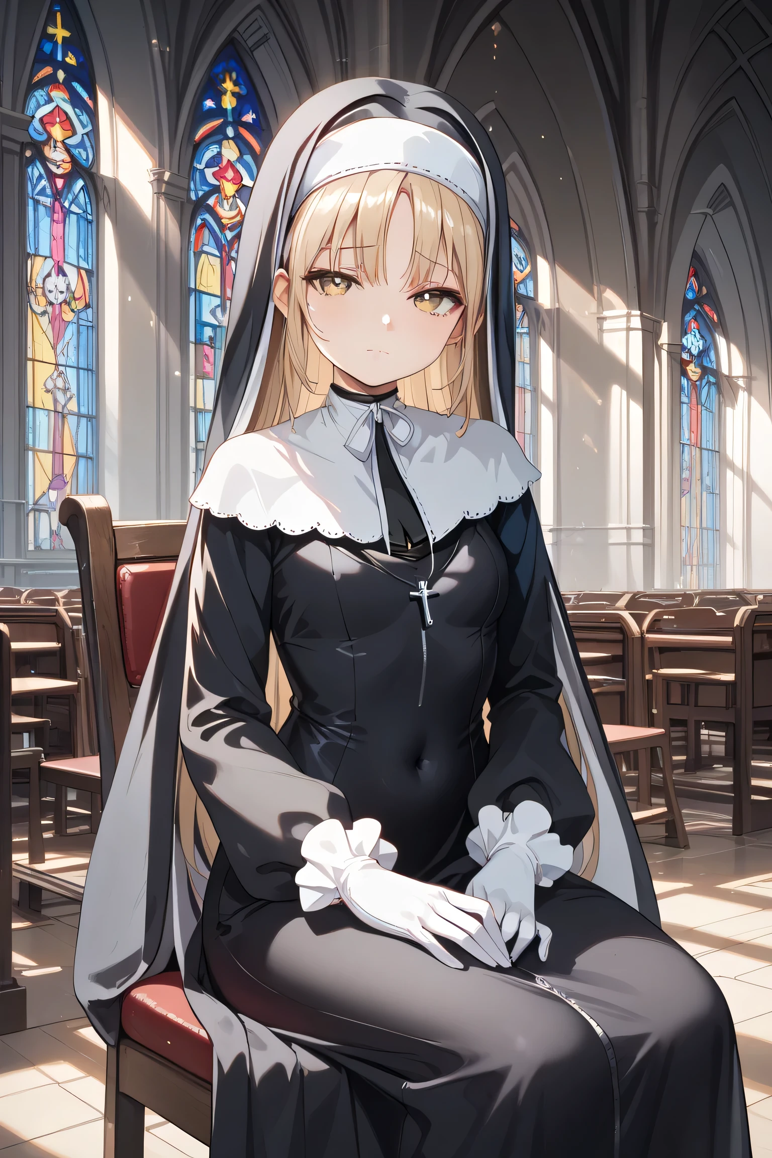 masterpiece, best quality, high resolution, assister, long hair, nun, nun's uniform, white capelet, neck ribbon, (black dress:1.2), long sleeves, white gloves, full length zipper, church, indoors, sister, nun, uniform, necklace, dress, black dress, tight dress, indoors, small breasts, covered navel, long sleeves, yellow eyes, closed mouth, sad expression, sitting, sitting on chair, chair, looking at viewer
