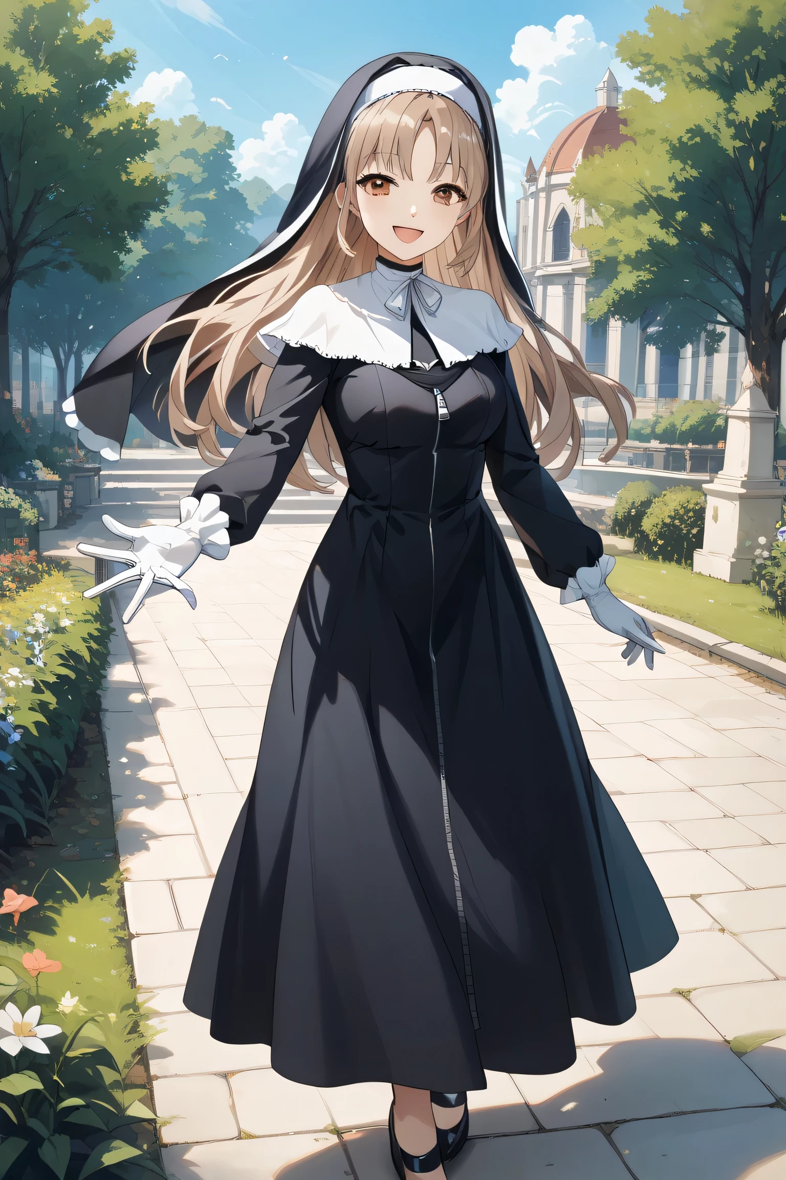 score_9, score_8_up, score_7_up, score_6_up, score_5_up, score_4_up, source_anime, aasc, long hair, light brown hair, habit, brown eyes, medium breasts, white capelet, white ribbon, black dress, long sleeves, white gloves, full-length zipper, standing, cowboy shot, smile, open mouth, reaching, outdoors, park