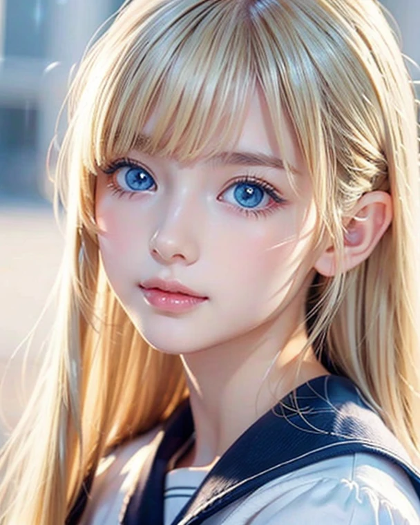 Dressed、(Photorealistic:1.4)、(Hyper-realistic:1.4)、(Realistic:1.3)、(Smooth lighting:1.05)、(Improved cinematic lighting quality:0.9)、32K、1 Girl、Very cute expression、A beautiful 16 year old blonde girl、Realistic top lighting、Backlight、Face Light、super long platinum blonde silky hair、、Beautiful bangs、bangs over eyes、Ray tracing、(Bright light:1.2)、(quality improvement:1.4)、(Highest quality realistic textured skin:1.4)、Very beautiful detailed large shining light blue eyes、Very big eyes、Detailed face、A careful eye for quality、(Tired, sleepy and satisfied: 0.0)、Face close up、T-Shirts、(Enhances the body line:1.1)、(Enhances the beauty of skin texture:1.1)、Cheek gloss highlight、Small Face Beauty、Round face