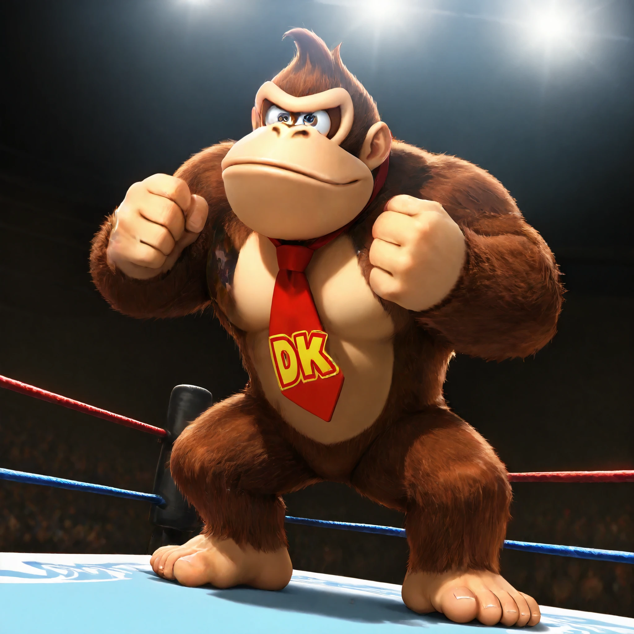 donkey kong standing in a wrestling ring, necktie, dynamic angle, full body