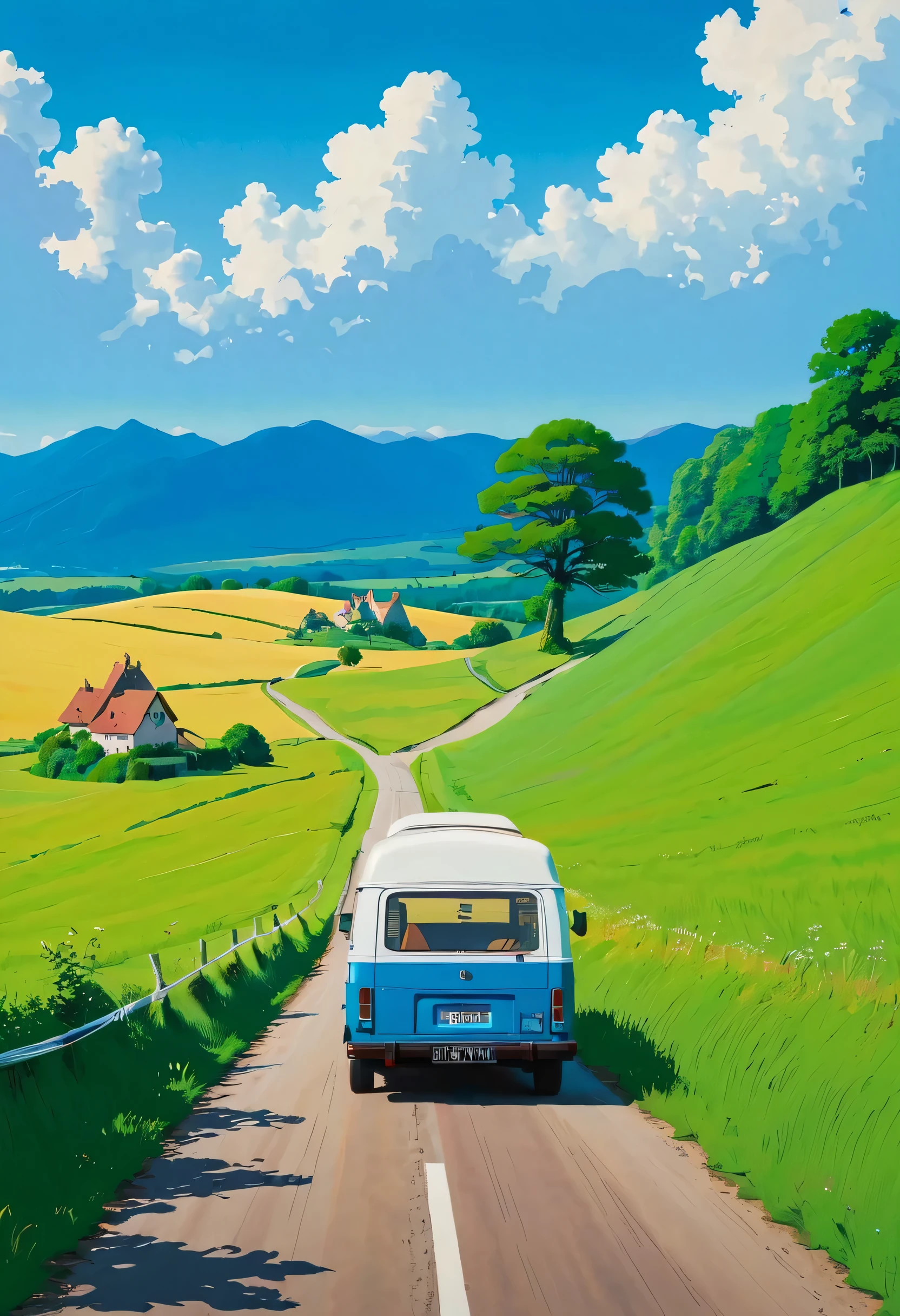 (Minimalismo:1.4), a minibus on the road, german van, ghibli studio art, Miyazaki, pasture with blue sky and white clouds