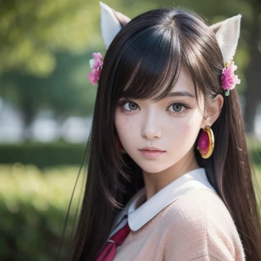 A girl with wolf ears in a traditional but modern outfit. Long brown hair