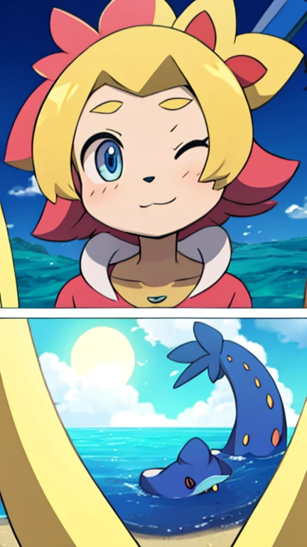 1girl, tan skin, ombre blonde to blue hair, pigtail braids, spider girl, 4 eyes, clothing design, tomboy, standing