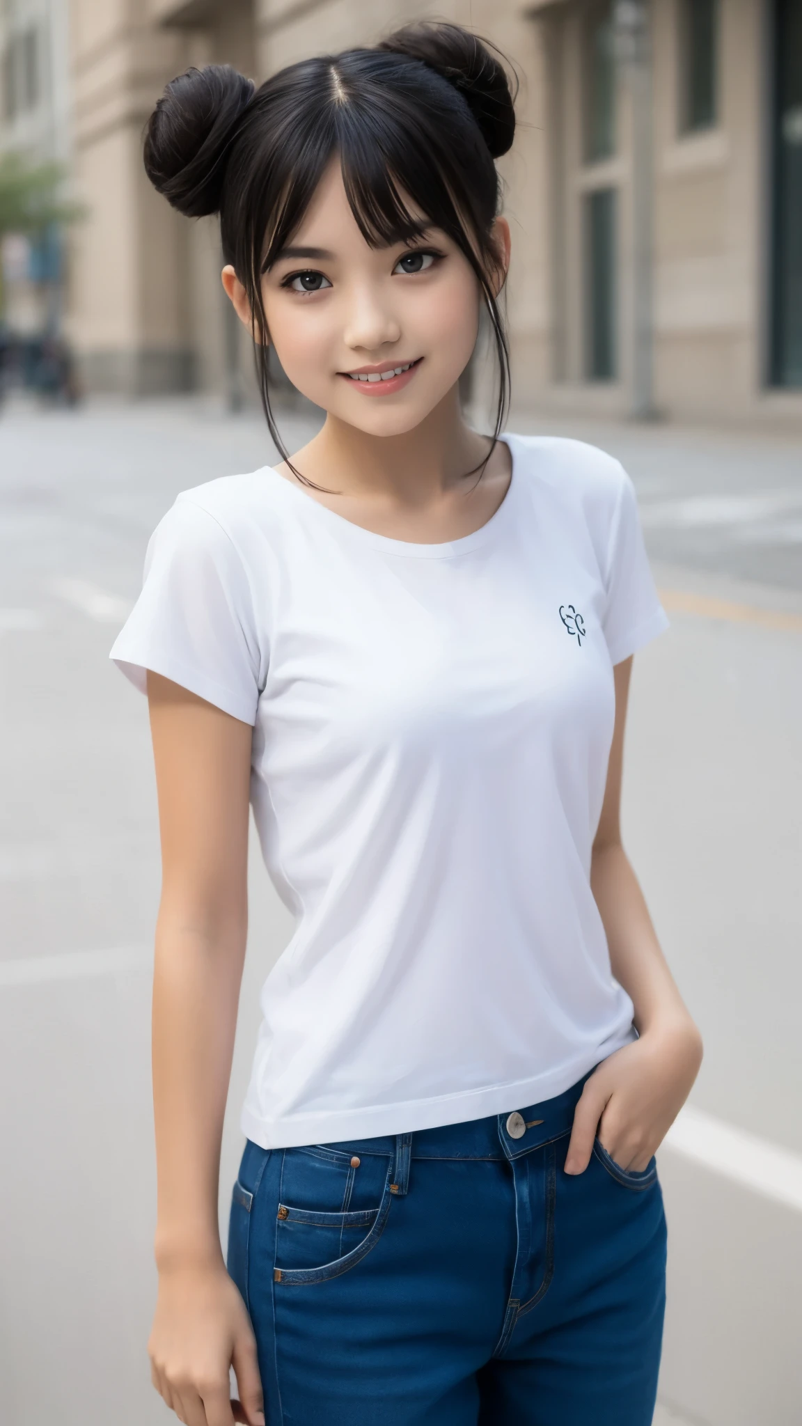 ( best quality :1.5), ( Genuine:1.4), ( Ultra Fine:1.4), ( Uncensored:1.4), (), (Alone), (Round ), ( Crunchy), ( skinny body), (Beautiful breasts), ( plain t-shirt ), ( front open denim pants ), (Single van), (Average height), ( STRAIGHT BANG ), ( mischievous smile), ( standing), ( skinny with Single van is standing front the plain background), ( skinny), (Immersive nice background ), (Front of face), (body front view ), ( facing the front ), ( skinny body), ( skinny arms), ( skinny legs), ( I'm wearing a nice t-shirt and pants ), (Lots of bun hair )