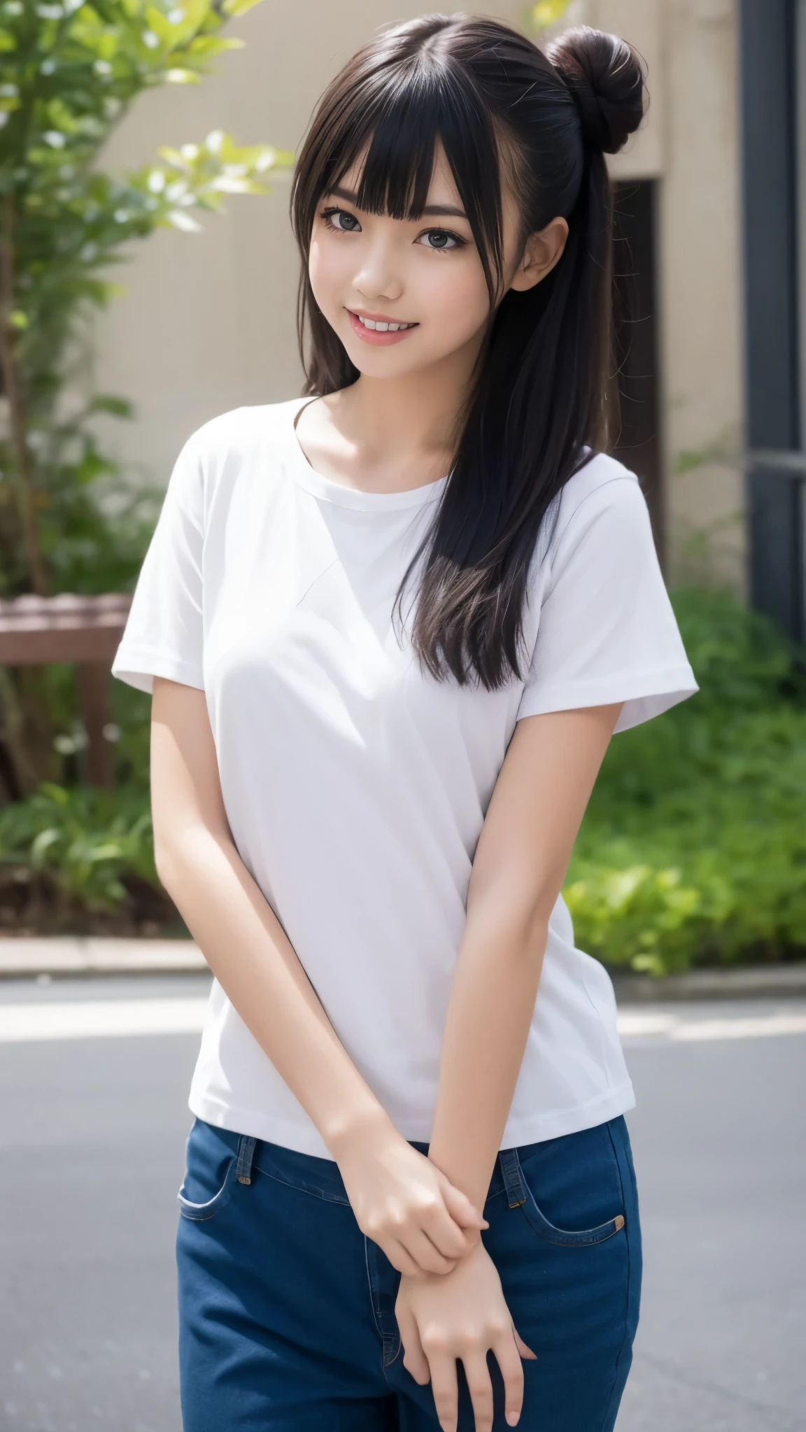 ( best quality :1.5), ( Genuine:1.4), ( Ultra Fine:1.4), ( Uncensored:1.4), (), (Alone), (Round ), ( Crunchy), ( skinny body), (Beautiful breasts), ( plain t-shirt ), ( front open denim pants ), (Single van), (Average height), ( STRAIGHT BANG ), ( mischievous smile), ( standing), ( skinny with Single van is standing front the plain background), ( skinny), (Immersive nice background ), (Front of face), (body front view ), ( facing the front ), ( skinny body), ( skinny arms), ( skinny legs), ( I'm wearing a nice t-shirt and pants ), (Lots of bun hair )