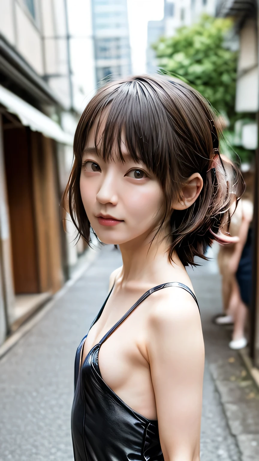 Studio light, depth of field, upper body, slender, cute face, smile, beautiful detail eyes, natural eyelashes, Japan 19 years old, cute, warm brown voluminous curls, plaza, dark blue bikini,