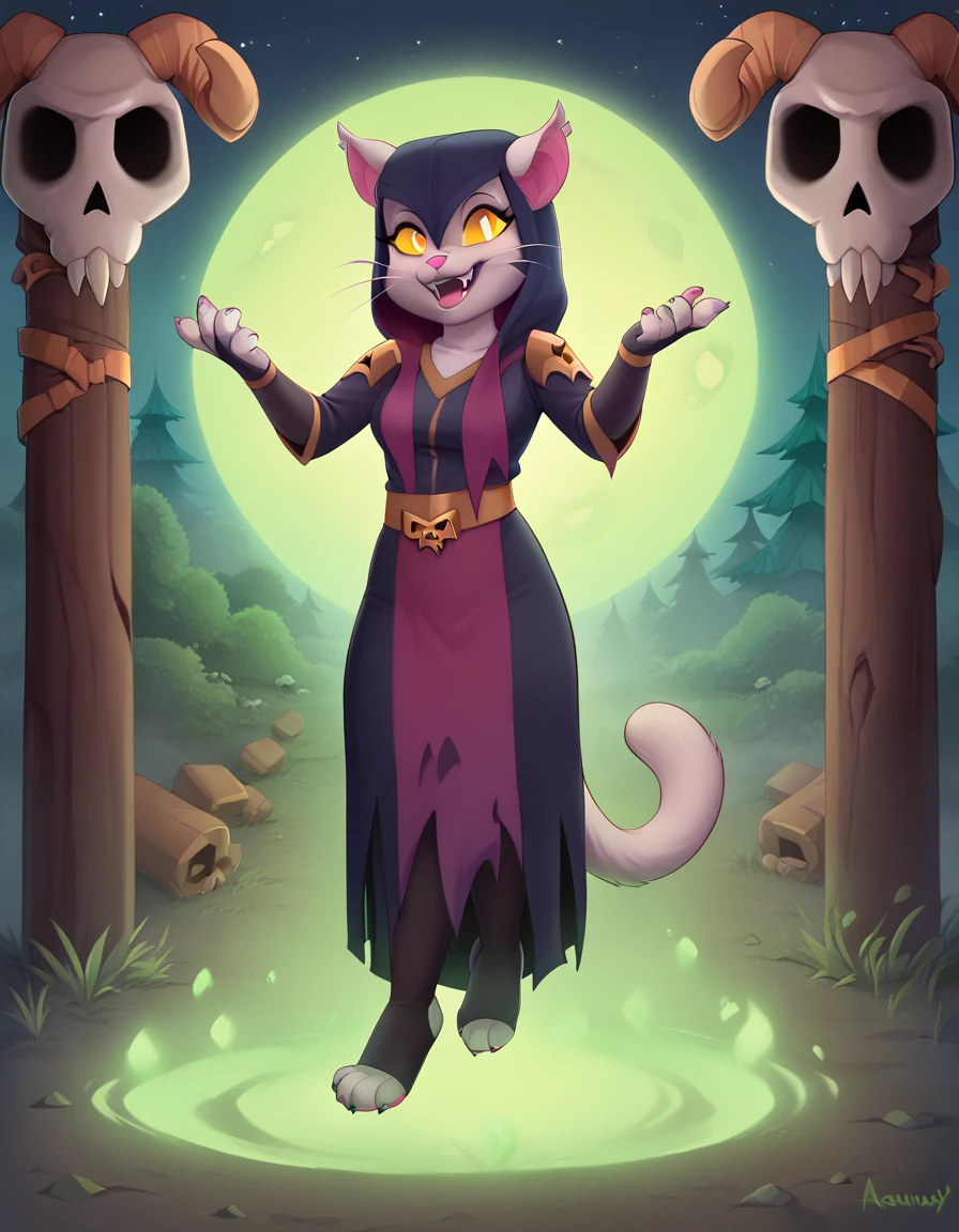 depicts a modern-day witch who has embraced the world of cybernetics to enhance her magical abilities. The artwork should convey the enchanting blend of traditional witchcraft and futuristic technology. Here are some specific elements to include: The Witch's Lair: The setting should be a cozy yet slightly eerie room, filled with magical books, crystal balls, potion ingredients, and antique furnishings. The room should be dimly lit by candles and a soft, mystical glow emanating from her cybernetic enhancements. The Cyborg Witch: The central focus of the artwork is the witch herself. She's a striking figure with a mix of traditional witch attire and cybernetic enhancements. Her clothing should have a witchy, occult aesthetic, with flowing robes, a pointed hat, and an intricate pentagram necklace. Her arms, however, have been upgraded with cybernetic components that incorporate magical symbols and glowing runes. Magical Interface: The witch is in the midst of casting a spell, with a holographic, touch-screen interface floating before her. This interface includes spell incantations, arcane symbols, and digital components, demonstrating her fusion of magic and technology. Spell Ingredients: On a nearby table, there should be a collection of spell ingredients, like herbs, potions, and magical artifacts. Some of these items may have been modified with cybernetic enhancements, blurring the line between the natural and the technological. Familiar: The witch's familiar, perhaps a cat or raven, should be present in the scene, serving as her magical companion. The familiar could also have subtle cybernetic enhancements or glowing eyes. Glowing Runes: The room should be adorned with ancient symbols and glowing runes on the walls and floor, contributing to the magical atmosphere. Aetherial Lighting: Use a combination of mystical, ethereal lighting and cybernetic glows to create a captivating interplay of light and shadow. The contrast between the tradit
