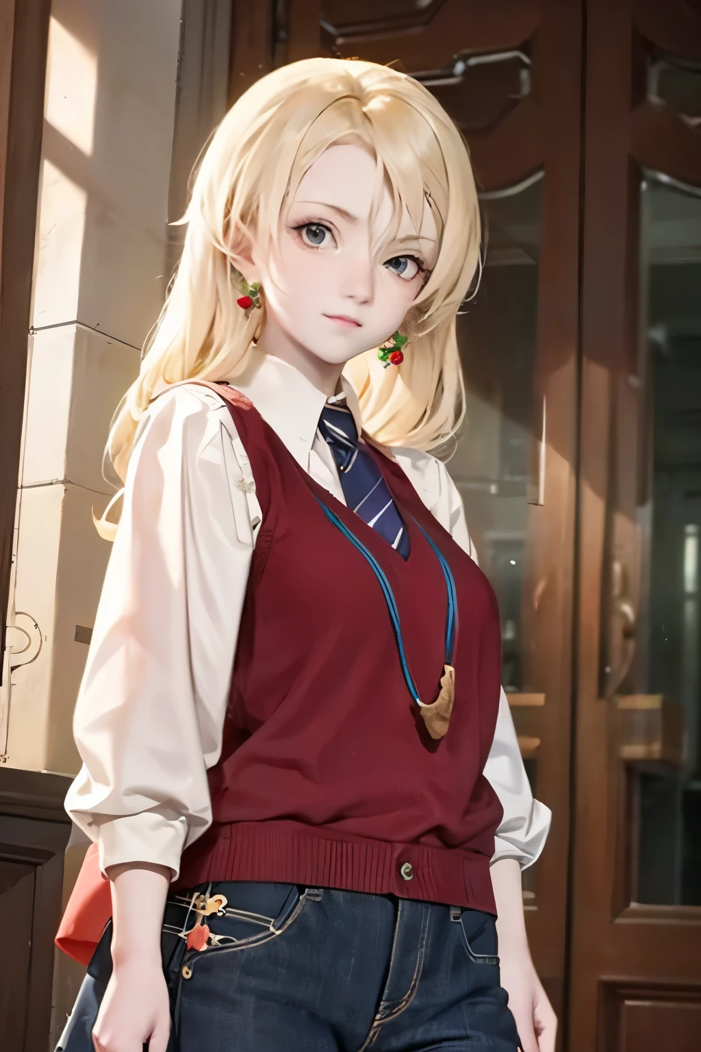 An anime-style game character of a girl who wears a red hood that covers her entire body.