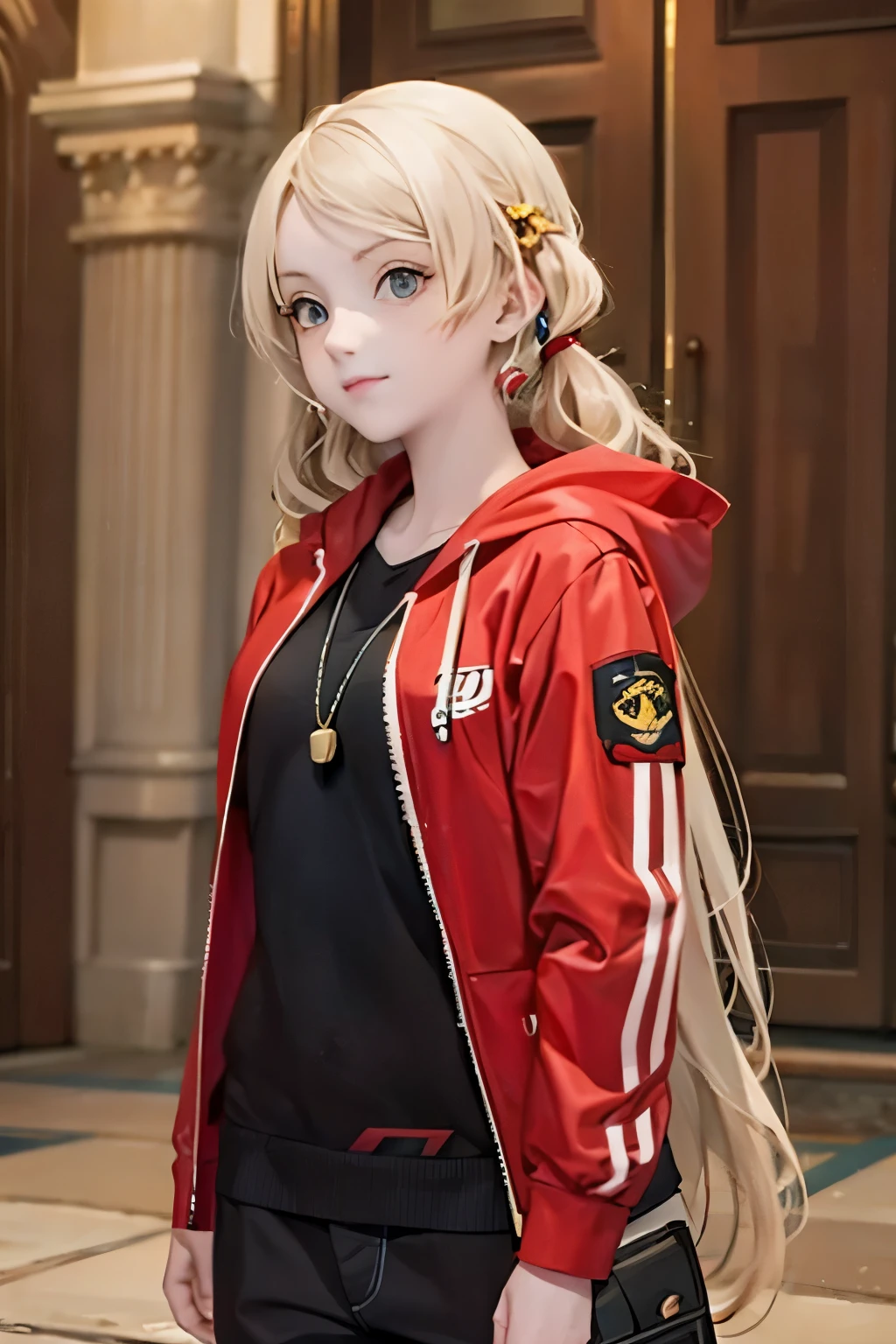 An anime-style game character of a girl who wears a red hood that covers her entire body.
