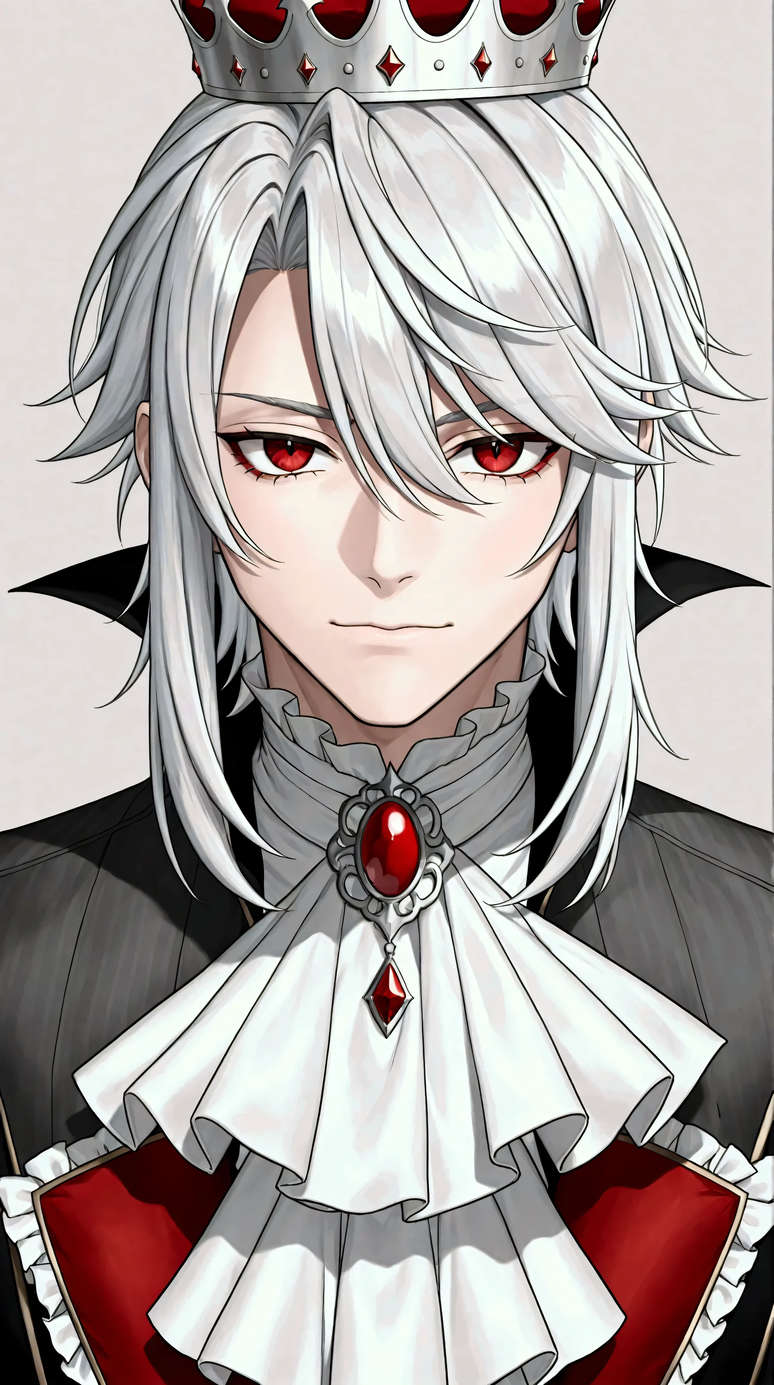 SeaArvTuber、 facing the front、 upper body、 silver-haired adult male 、Right eye is red、his left eye is gray 、Good looking、 handsome、vampire、 accessory with frills、 dressed like a king、