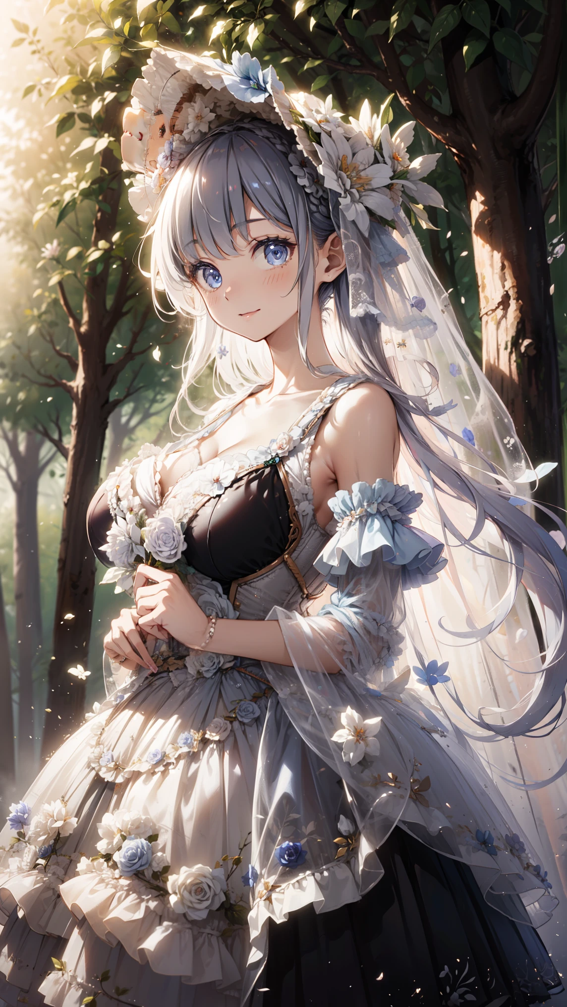 gochiusa, {{{{acrylic paint (medium)}}}},{{masterpiece}},{{Celtic hair ornaments,celtic ornaments,Celtic ribbon,celtic flower}},{{beautiful detailed hands,best quality hands}}, 1girl,medium breasts,round breasts, cleavage, silver hair,aquamarine eyes,long hair, wide sleeves,off shoulder, frilled sleeves, puffy sleeves, white clothes,white obi,lace,floral print, see-through sleeves, {{confetti, beautiful detailed shiny confetti}},lens flare, shiny skin,shiny breasts,shiny hair,shiny shoulder, bloom effect,light particles,floating hair,fluttering petals,wind,symbol particles, blue shadow,pink light,powder light,small particles,forest,shiny sky