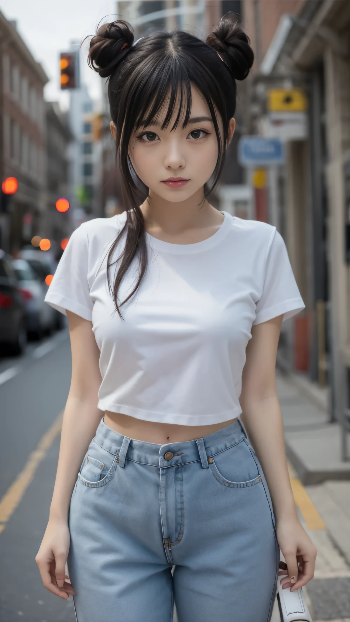 ( best quality :1.5), ( Genuine:1.4), ( Ultra Fine:1.4), ( Uncensored:1.4), (), (Alone), (Round ), ( Crunchy), ( skinny body), (Big Breasts), ( plain t-shirt ), ( Open front pants ), (Single van), (Average height), ( STRAIGHT BANG ), ( mischievous smile), ( standing), ( skinny with Single van is standing front the plain background), ( skinny), (Immersive nice background ), (Front of face), (body front view ), ( facing the front ), ( skinny body), ( skinny arms), ( skinny legs), ( I'm wearing a stylish t-shirt and pants), (Lots of bun hair )