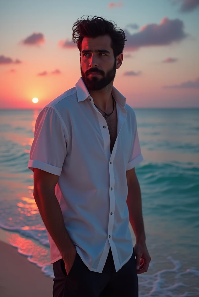 Handsome sexy Man sitting on a rock by the sea in a colorful sunset. He is dressed in jeans and shirt ((white without buttoning)). Photorealistic style. Intricacy. Hyper-detailed. 8k. High quality