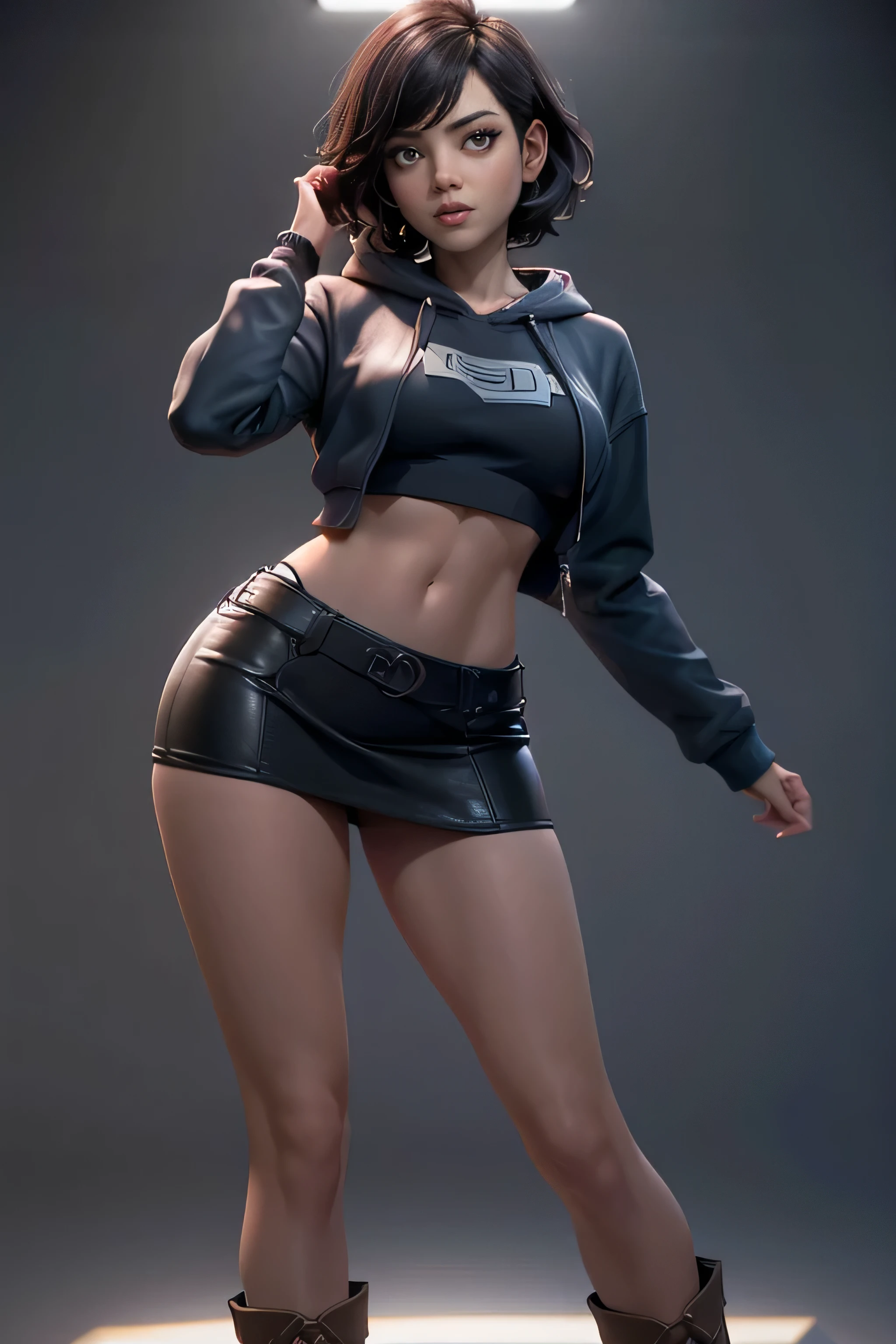 young woman, short hair , brown eyes, blue tube top , Black miniskirt, knee-length brown boots , gray hoodie sweatshirt, face to the camera, Dynamic Pose , masterpiece , super detail, lyrics, natural lighting , sharp focus, ultra resolution , plain white background , without patterns, No textures.