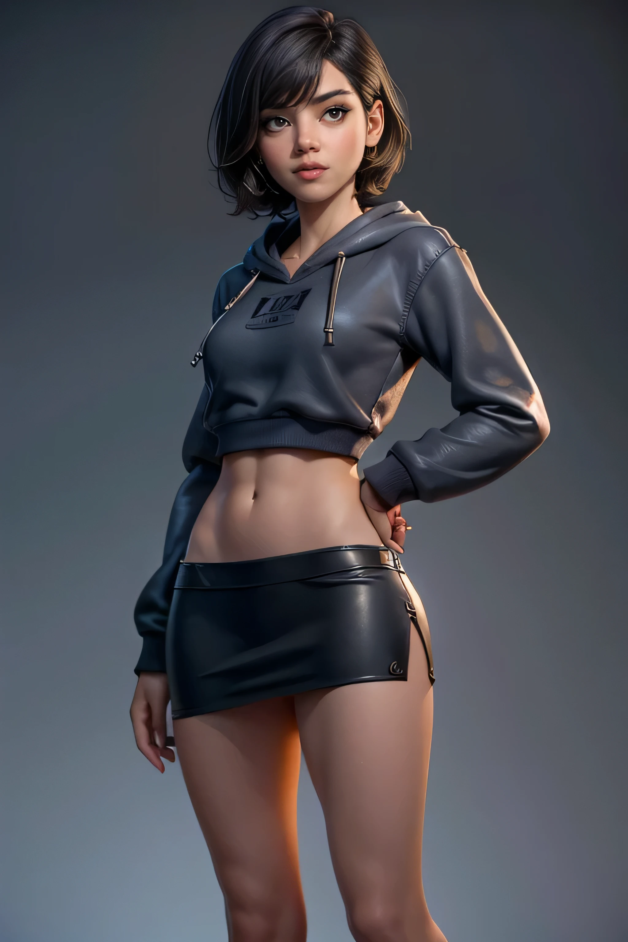 young woman, short hair , brown eyes, blue tube top , Black miniskirt, knee-length brown boots , gray hoodie sweatshirt, face to the camera, Dynamic Pose , masterpiece , super detail, lyrics, natural lighting , sharp focus, ultra resolution , plain white background , without patterns, No textures.