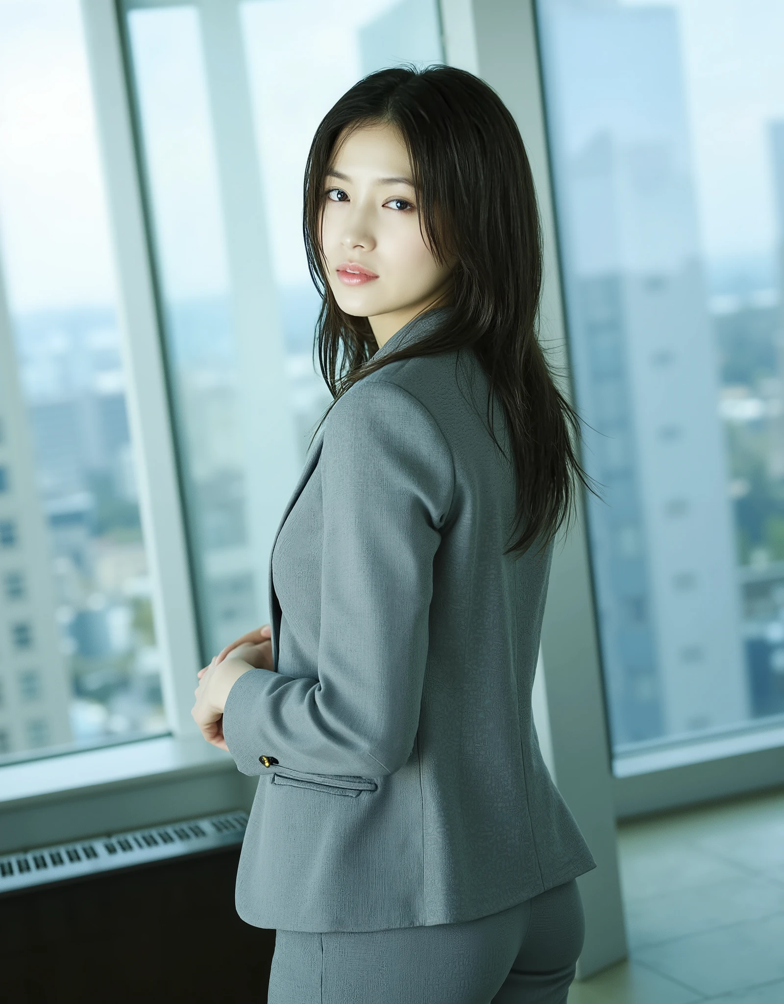 Create a professional, hyperrealistic photograph of a beautiful 30-year-old woman in an office. The woman has bright blue eyes, long, black silky hair, a sensual mouth, and an athletic body. She is wearing a formal uniform with a gray blazer and women’s pants, and under the blazer, she has a white silk shirt. The woman is leaning back slightly, with her hips projected and turning her upper body slightly toward the camera, highlighting the back of her body with an emphasis on her buttocks. The office has cold lighting, with natural light streaming in through a huge window that reveals a large metropolis outside. The image is a full-body shot, featuring hyperrealism, panoramic tones, vivid colors, and soft lighting, with centered framing.