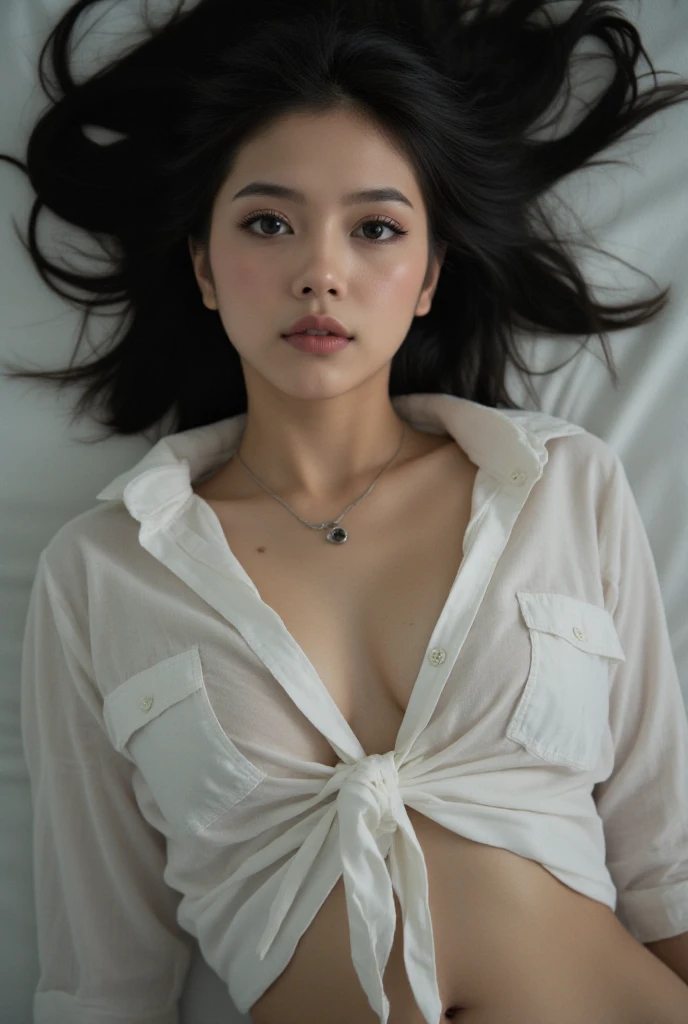 (shoulder-length straight short hair:0.9),(black hair:1.5),（Extremely meticulous CG 8k wallpaper），（Extremely refined and beautiful），（Masterpiece），（best qualtiy:1.0），（Ultra High Resolution:1.0），beautiful light up，Perfect lightning,realistic shaded，[A high resolution],(Smooth and flawless fair skin:1.5),(shiny skin:1.5),Extremely exquisite facial details，ultra - detailed，A  girl，small head,dawn,dim light,Close Shot,at home,in bedroom,lying flat on back in bed,blue green background,(Close eyes:1.5), sleeping, fainting,(Painful:1.3) ,(open mouth:1.3),(drooling:1.4)，Top down overhead camera perspective，small face,（perfect body:1.1）,small breasts，flat chest，slim,(white pajama shirt:1.5),(femal orgasmic:1.5),(blush:1.3),ahegao,cowboy shot,portrait
