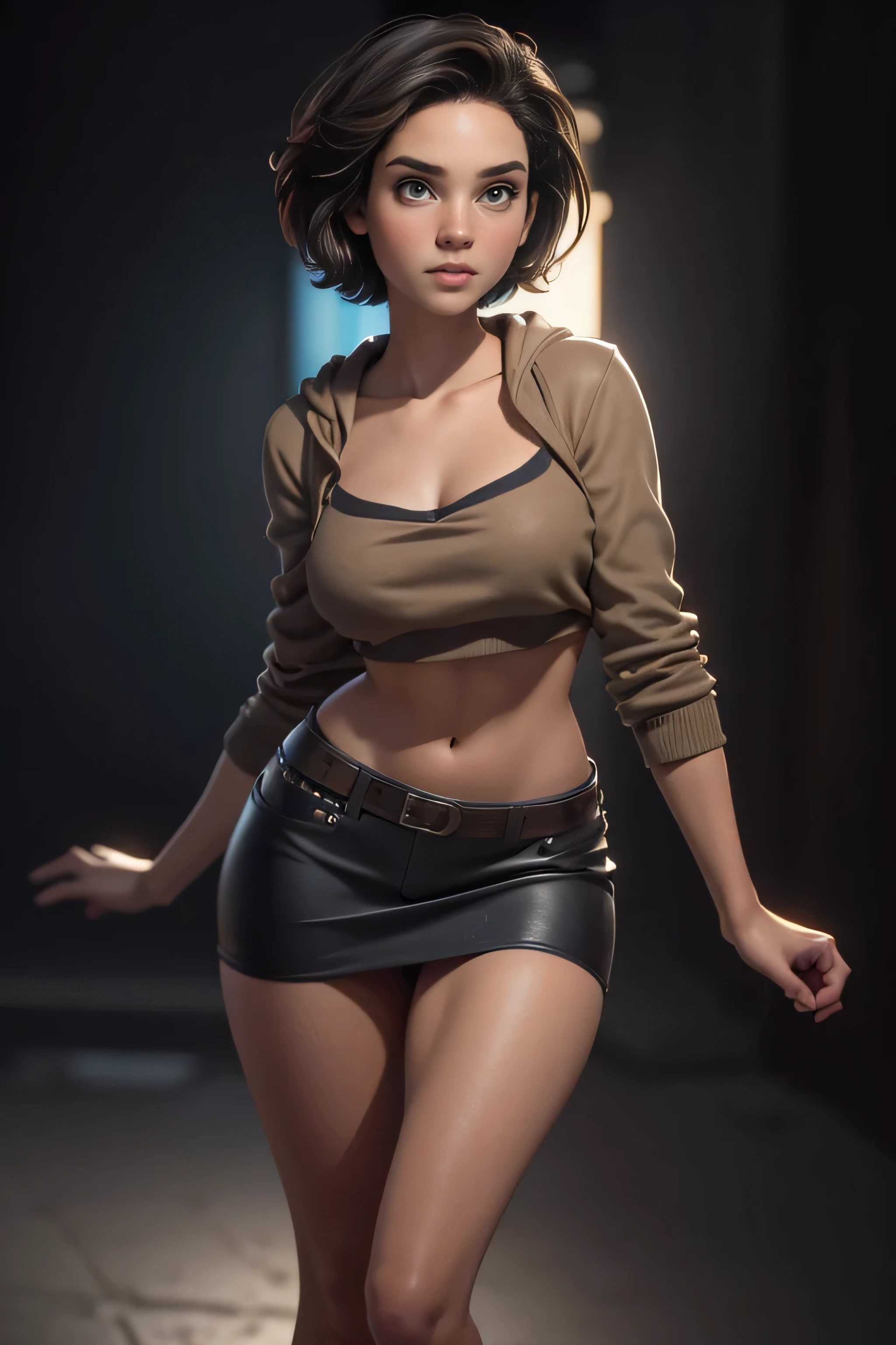 young woman,  short hair ,  brown eyes, blue tube top , Black miniskirt,  knee-length brown boots , gray hoodie sweatshirt, face to the camera,  Dynamic Pose , magnificent anatomy ,  masterpiece , super detail,  lyrics,  natural lighting ,  sharp focus,  ultra resolution ,  plain white background , without patterns, No textures.