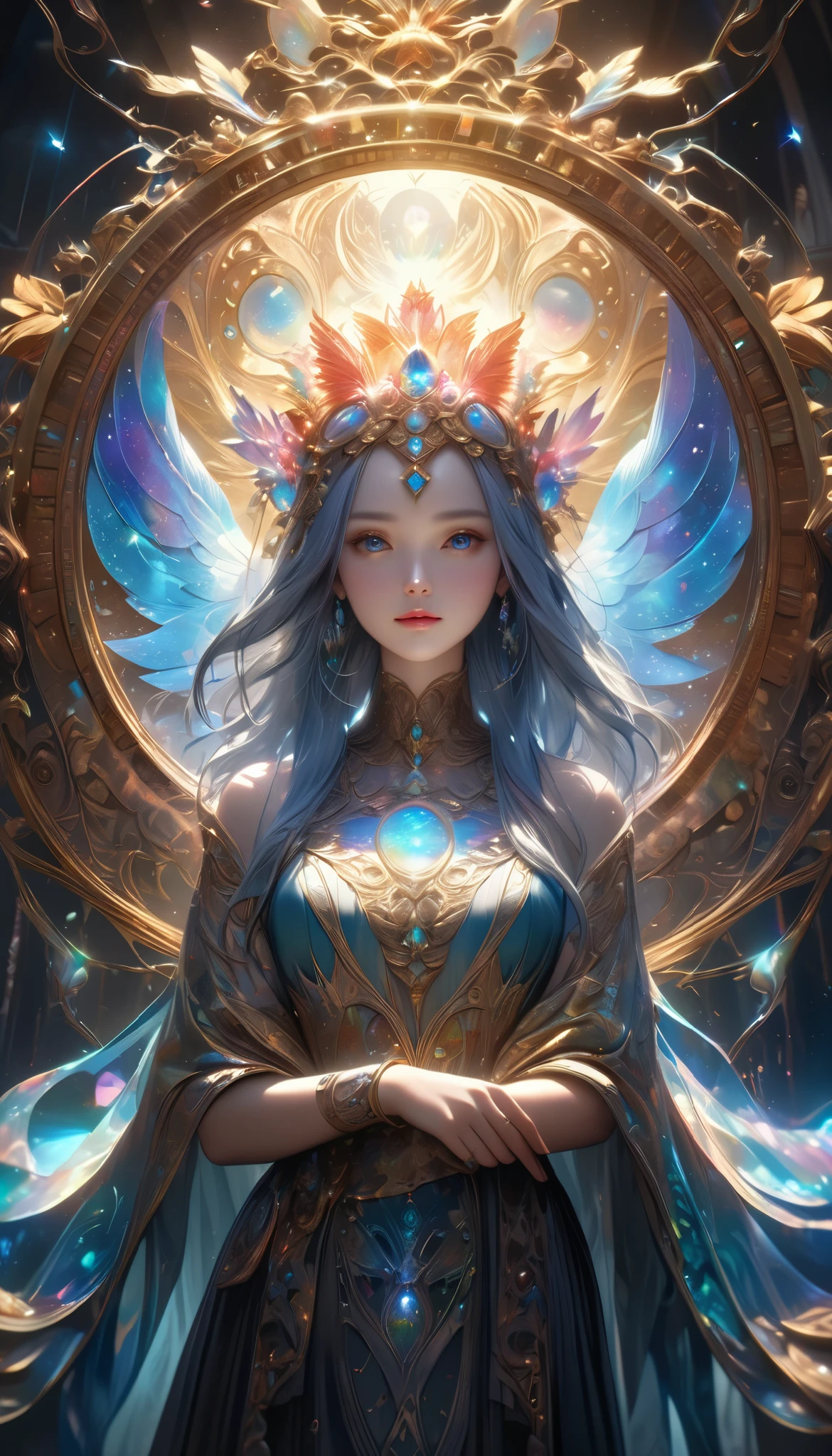 (((highest image quality, best quality, masterpiece, transcendent beauty))), most detailed skin, realistic, complex background, well-groomed eyes nose, cinematic, full body, puddle, majestic mountains, pretty face, big eyes, magician, blue world, sitting sideways, over-technology, world of machines and magic, mandalas, alphonse mucha, bauhaus