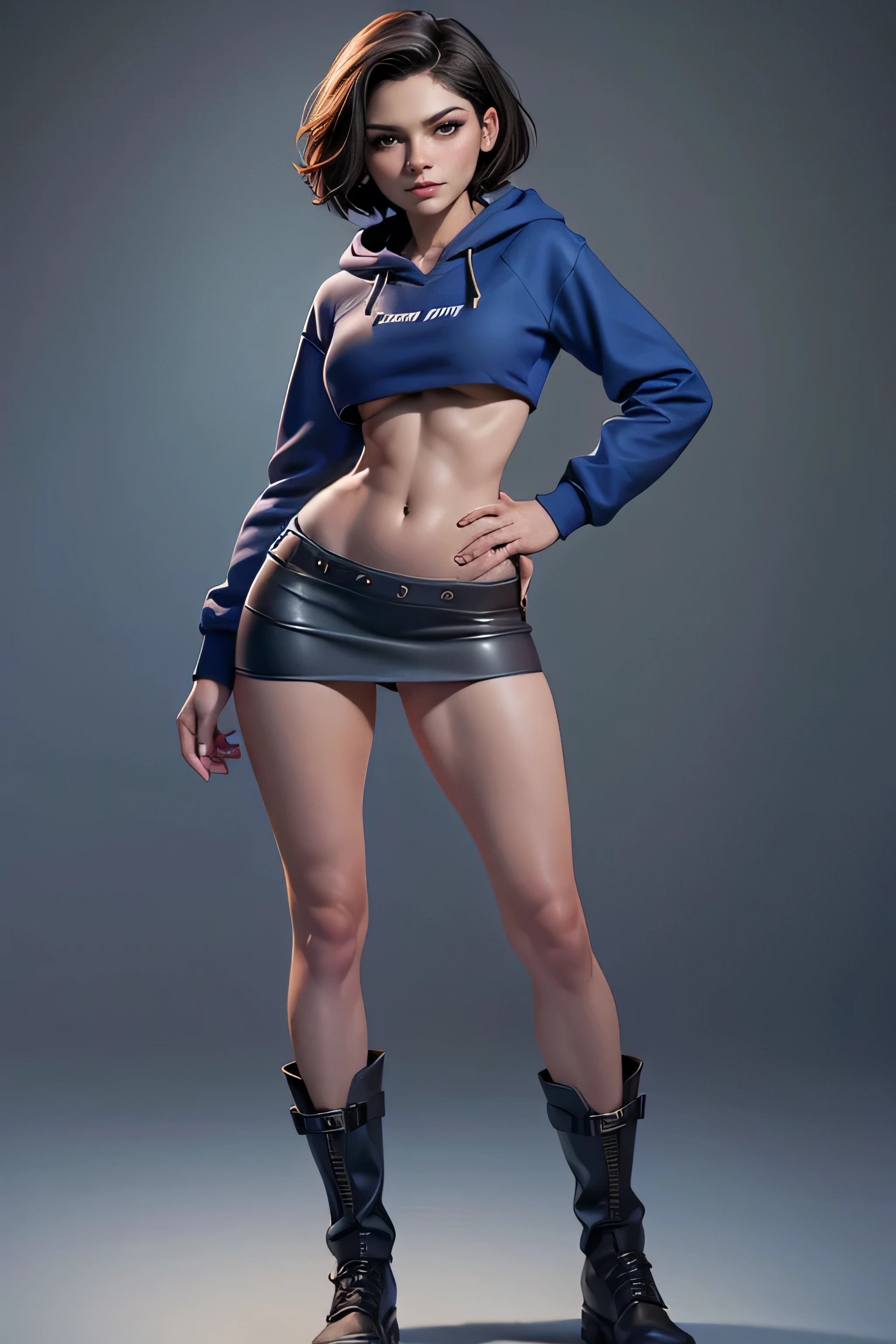 young woman, short hair , brown eyes, blue tube top , Black miniskirt, knee-length brown boots , gray hoodie sweatshirt, face to the camera, Dynamic Pose , magnificent anatomy , masterpiece , super detail, lyrics, natural lighting , sharp focus, ultra resolution , plain white background , without patterns, No textures.