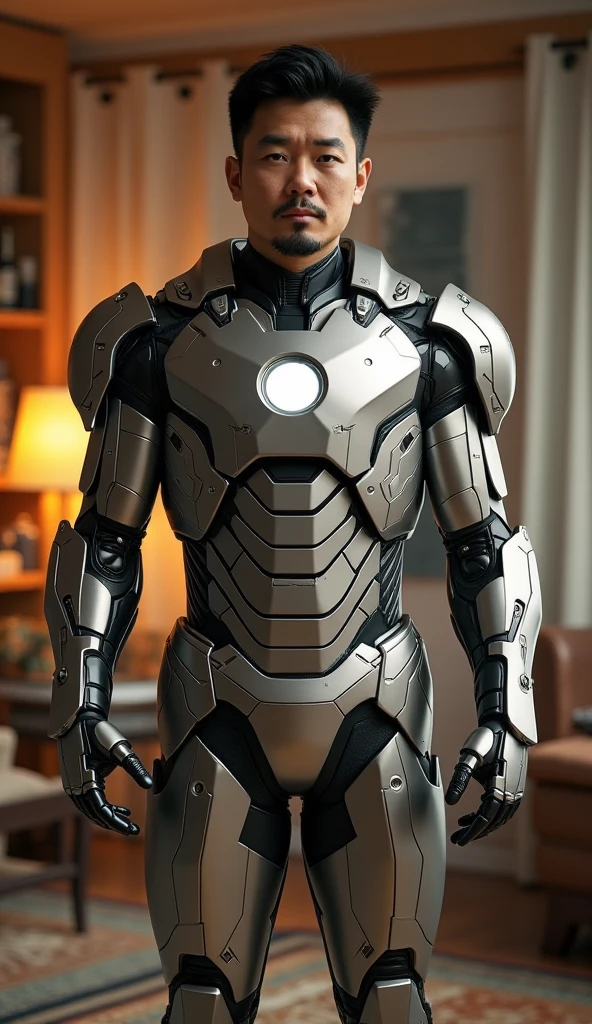 Highest quality 8k Iron Man Suit Girl Kindergarten girl Sweaty face cute short hair boyish Steam coming from the head My hair is wet with sweat Black hair feel Full body portrait My upper body is soaked close your eyes bare hands Close-fitting full-face gas mask