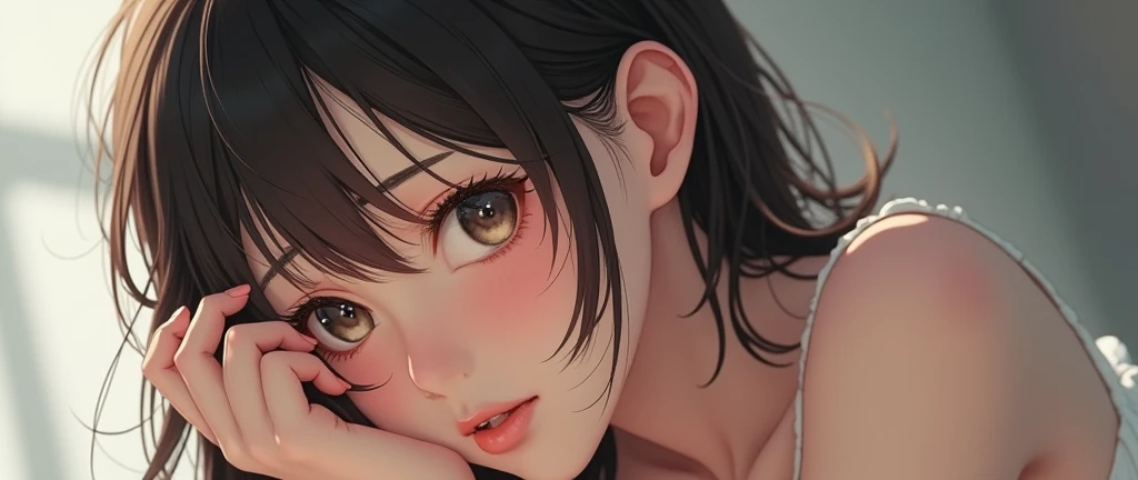 1girl, 独奏, tmasterpiece, Best quality at best, realisticlying, ultra - detailed, (shiny skins, perspired:1.4), absurderes, looking at viewert, with short black hair, with brown eye,slenderness,Dynamic light and shadow,A high resolution,Sharp focus,depth of fields,The eyes are delicate,Sharp pupils,pupil realistic,(middlebreast:1.6,Expose ),(Exposure to urine,And is pulling urine)(Thigh thick:1.0)