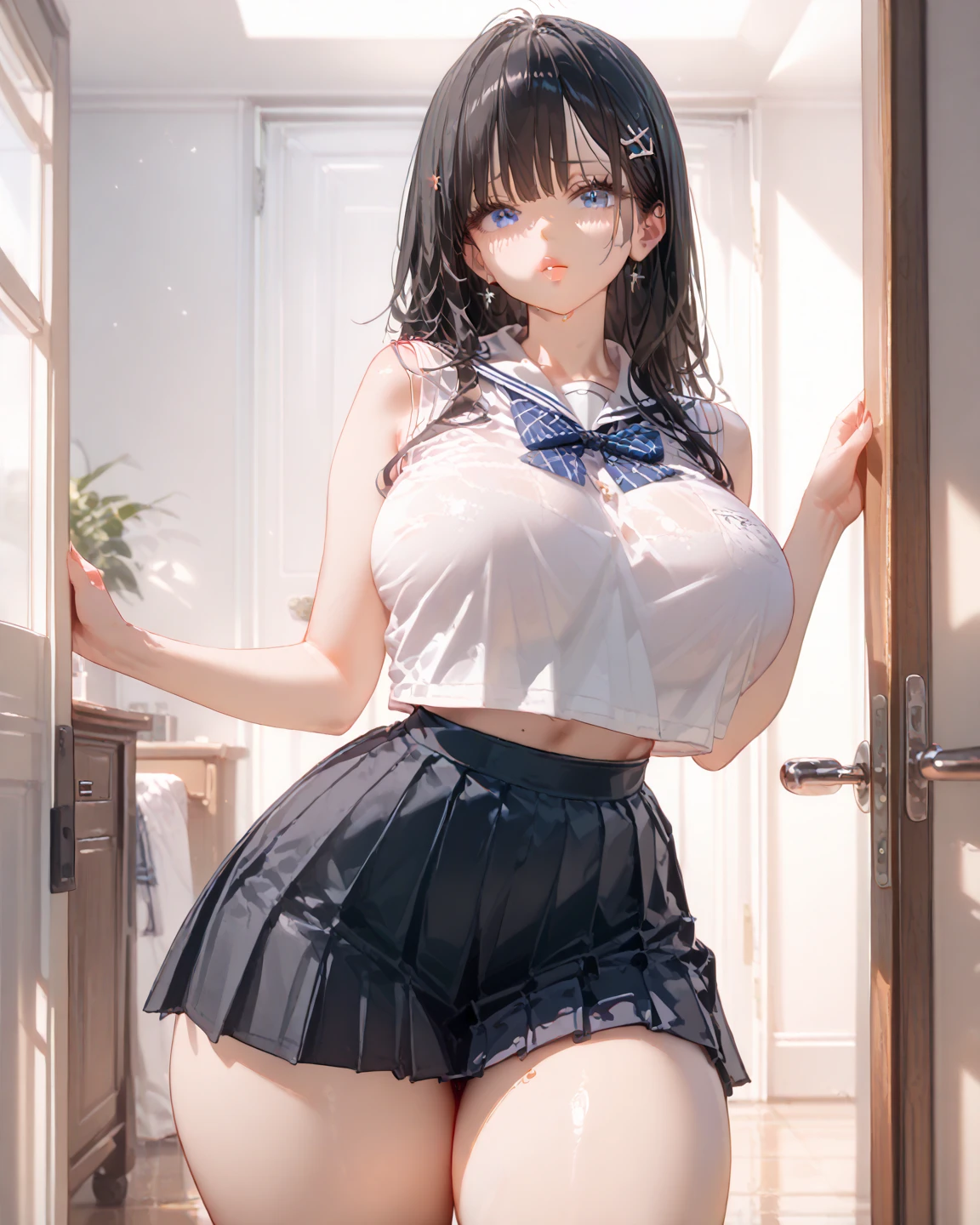 1girl in, Parted lips, blush, makeup, lightsmile, School uniform, Full body, Wide Angle, From above, crass room, llight rays, Glow, thighs thighs thighs thighs, 鎖骨, Narrow waist, (masutepiece), Wallpaper,Wet body、Bra visible from inside clothes