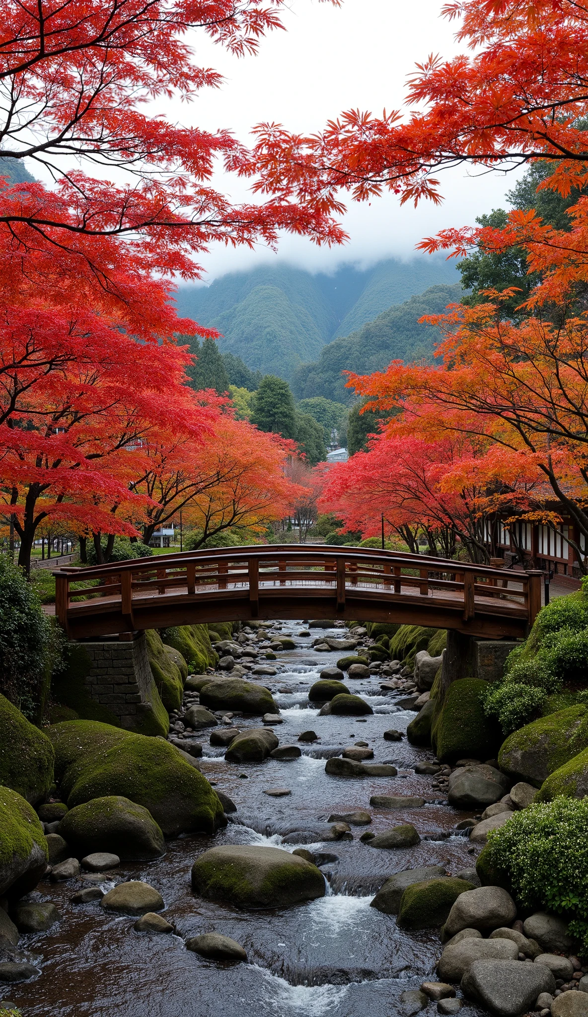 "A serene Japanese landscape, with a curved wooden bridge spanning a peaceful stream surrounded by maple trees (momiji) whose red and gold leaves are gently falling. Green mountains in the background, shrouded in mist, complete the scene. Light rain falls gently, creating a peaceful atmosphere. The sound of raindrops hitting the leaves and ground is accompanied by a light breeze, while the sound of 'mijolo', the heavier rain, resonates on the stones of the stream and the roofs of traditional Japanese-style houses, creating a feeling of warmth and tranquility."