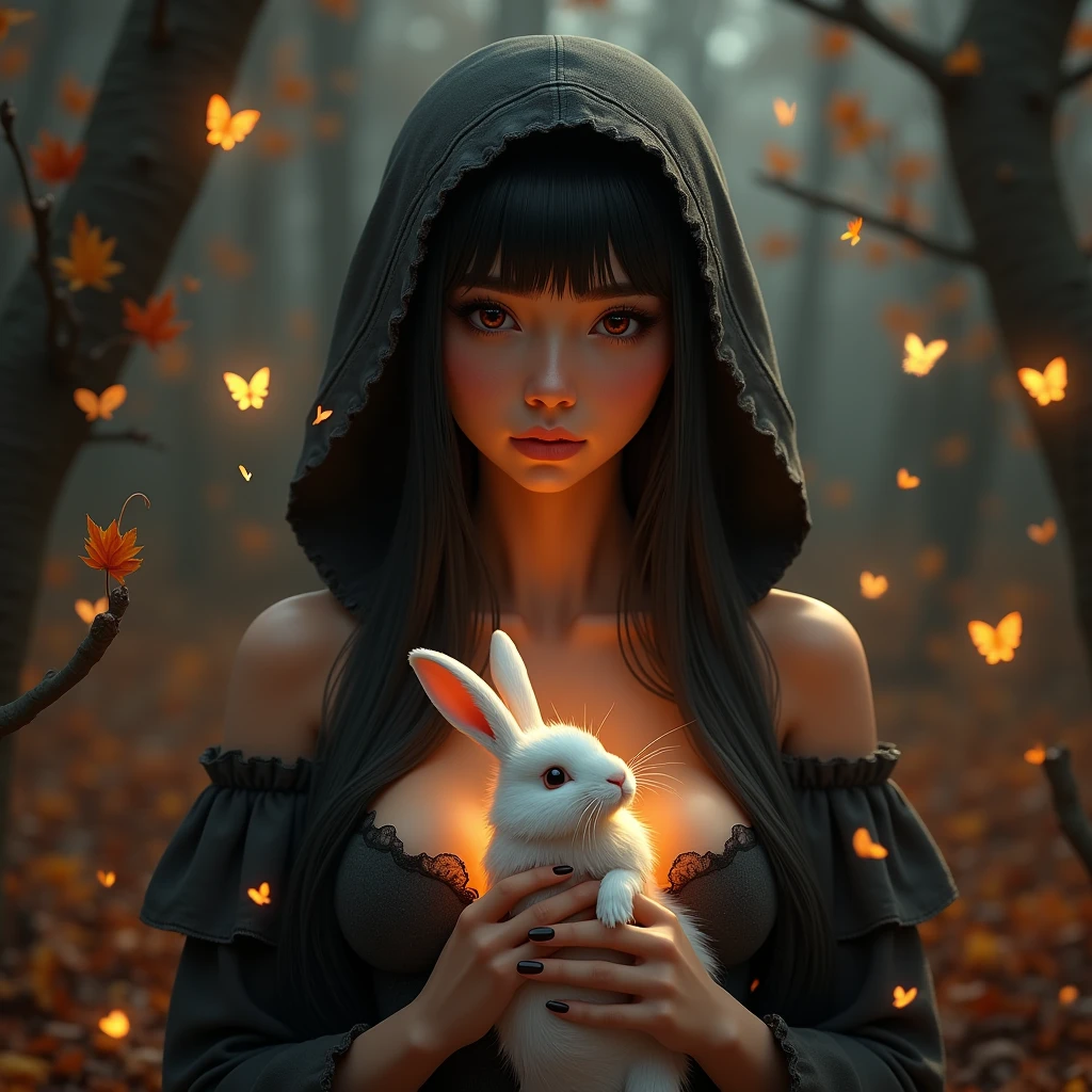 awesome reflections, autumn style，Best reflections. (Very Detailed CG unity wallpaper 8k), (Best Quality), (best illustrations), (best shadows), (night gloomy background, Gloomy and hopeless, dark dramatic lighting, vignette), realistic eyes, beautiful face, 1A girl with a perfect body, with a white rabbit in his hands, with long, straight hair, Generous neckline, She wears a veil with a hood on her head, ((perfect anatomy)), Gothic, burnt orange gradient, surrounded by tender leaves and branches, with fireflies and glowing particle effects, (natural elements), (leaves), (small firewood), (Fireflies), butterflies, (Tender leaves), (glow), (particle fx). , Fantasy Art, bokeh, Octane rendering, ray tracing, Overdetailing. terror, Fantastic, creepy, Scarimok a feeling of sophistication and tranquility.. The overall aesthetic should be elegant and stylish.., making it suitable for branding and logos..
