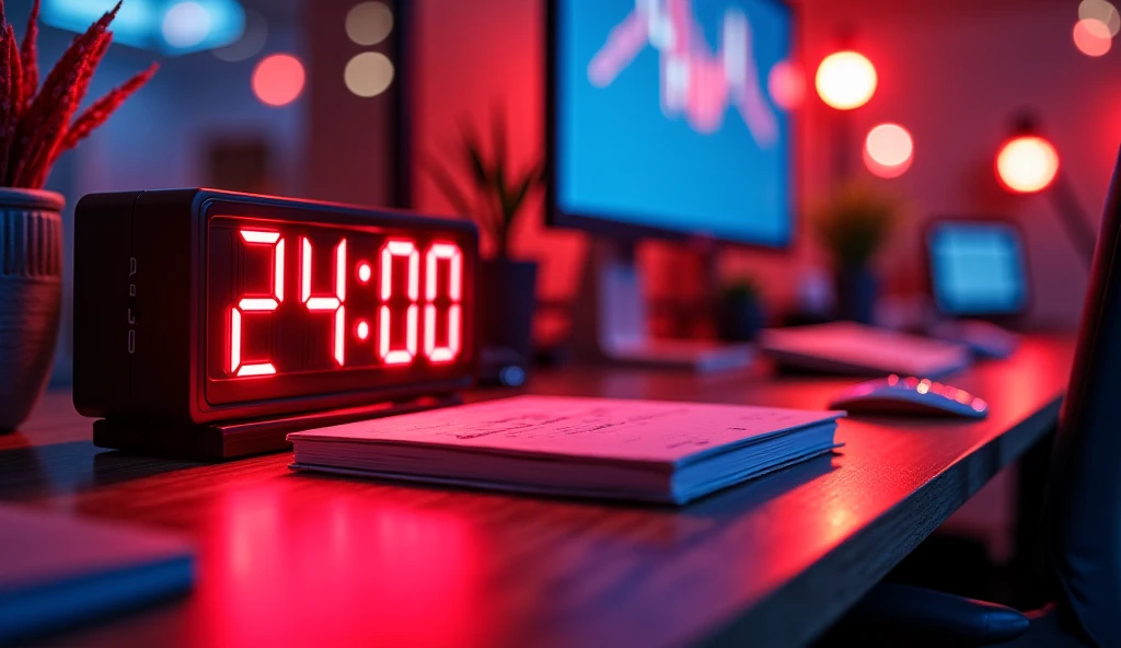 A vibrant realistic, slightly blurry office desk setup with a modern and motivational vibe. Include scattered notebooks, a digital clock displaying '24:00', and glowing neon light streaks in red and orange tones. The background should emphasize energy and productivity, with soft focus and subtle tech-inspired details to avoid overpowering the main subject. Add dynamic lighting effects that radiate warmth and enthusiasm.