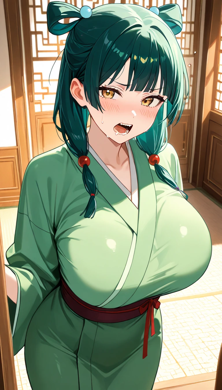 kusuriyamaomao, maomao, long hair, bangs, blue eyes, hair ornament, green hair, blunt bangs, freckles, hair bun, single hair bun,
BREAK japanese clothes, robe, green robe, long sleeves, wide sleeves, hakama, red hakama,
BREAK outside,outside trees
BREAK looking at viewer, (cowboy shot:1.5),
BREAK (masterpiece:1.2), best quality, high resolution, unity 8k wallpaper, (illustration:0.8), (beautiful detailed eyes:1.6), extremely detailed face, perfect lighting, extremely detailed CG, side view,smile face,smirk,cowboy shot,show tits