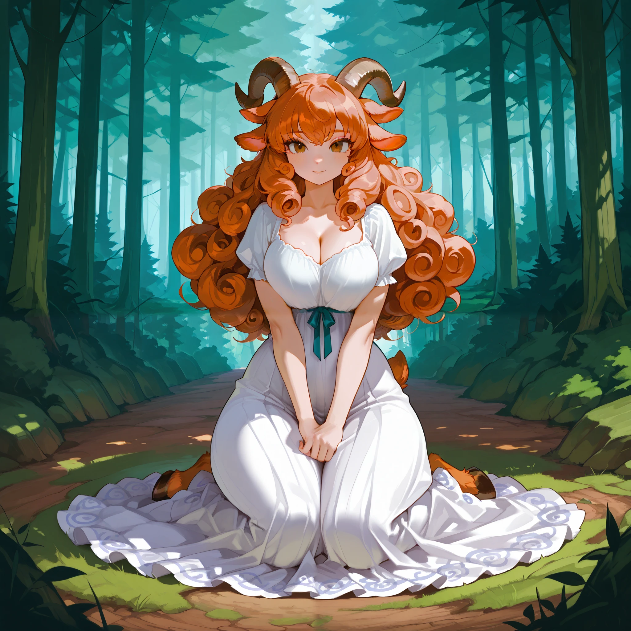 Satyr woman, satyr goat woman, long floor length curly ginger hair, brown eyes, curvy, forest.