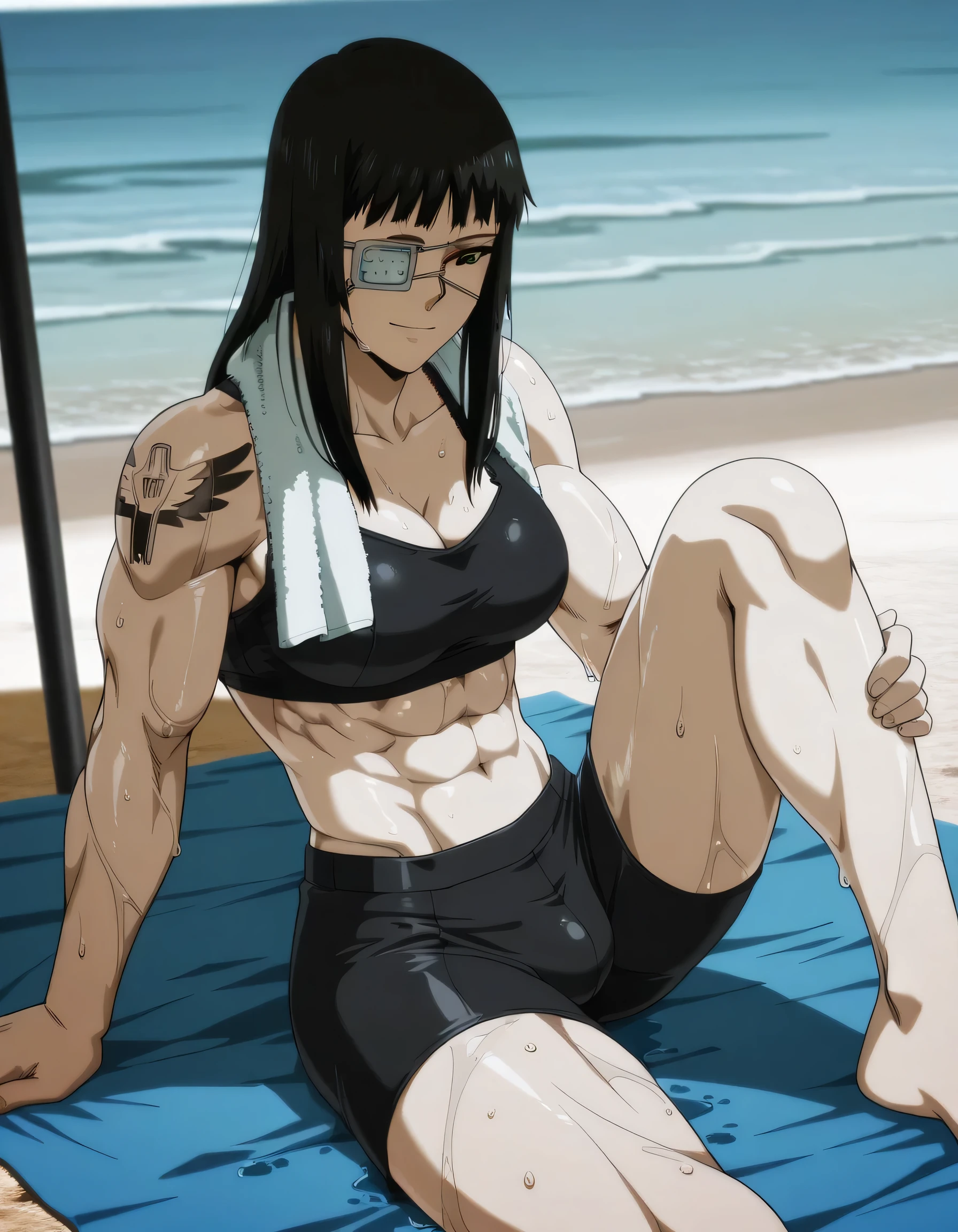 1girl,solo,mm,mature female,black hair,eyepatch,brown eyes,medium breasts,anime coloring,long hair,
muscular,black tight sport bra and black tight sport Elastic shorts,cowboy shot, , wet,beach, tattoo,
,masterpiece,best quality,amazing quality,,muscles and,muscles lines,muscles big size,pelvis muscles,strength muscles looking,dynamic air,Valmet handsome face,Shining abs and shoulders,eight-pack,iron muscles,Bulge between legs indicates non erect penis in shorts,Barefoot, sporting attractiveness sexual attractiveness,sitting ,choza sitting ,sexual muscles,light smile,leg laying,hand in own leg, Valmet tall body,towel around her neck
