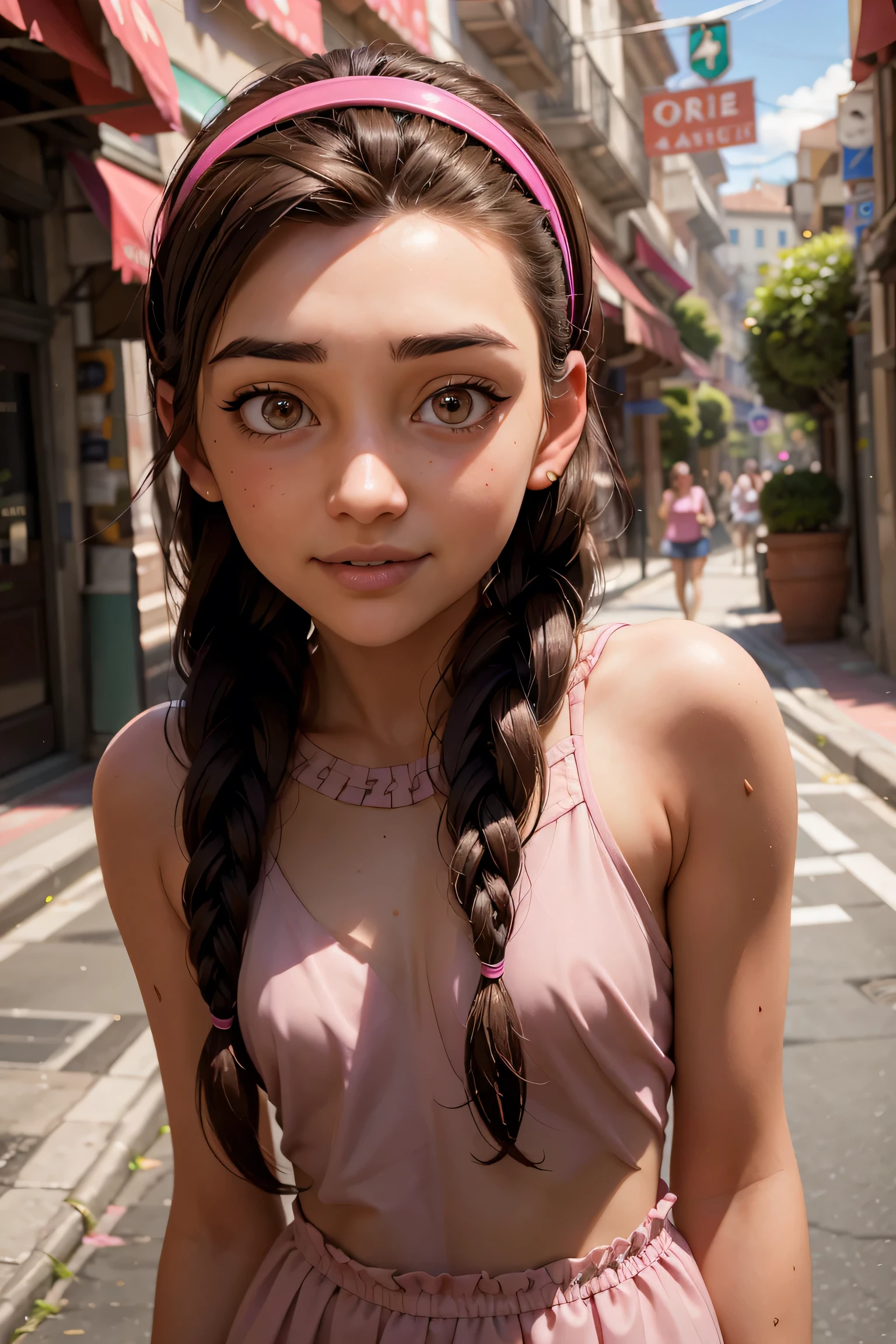 An impressive and intricate full color portrait, Ultra-HD a girl, brown hair with 2 braids, brown eyes, pink headband, detailed face, dressed in a red dress, no logos, epic character composition, alessio albi, nina masic, sharp focus, natural lighting, subsurface dispersion, f2, 35mm, smile