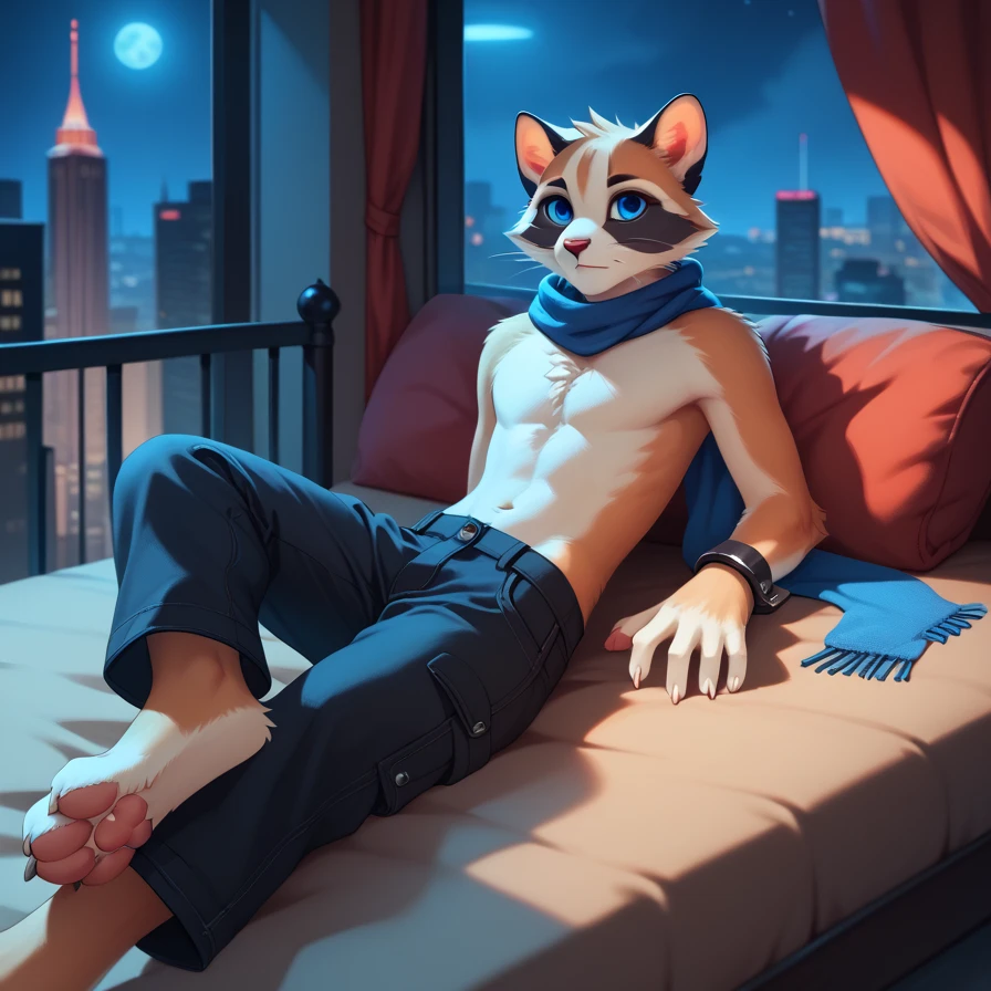 by zackary911, Furry twink, teenager, raccoon, grey hair, spiked brown hair on head, Detailed body fur, red scarf, blue eyes, goggles, chain harness, Black loincloth, red cape, red hood, masterpiece, sitting down, gray body hair, Detailed face, big eyebrows, detailed eyes, Detailed body, No muscles, city skyline, Detailed hands, Flat body, Skinny, Claws have three toes, Detailed paws, high resolution