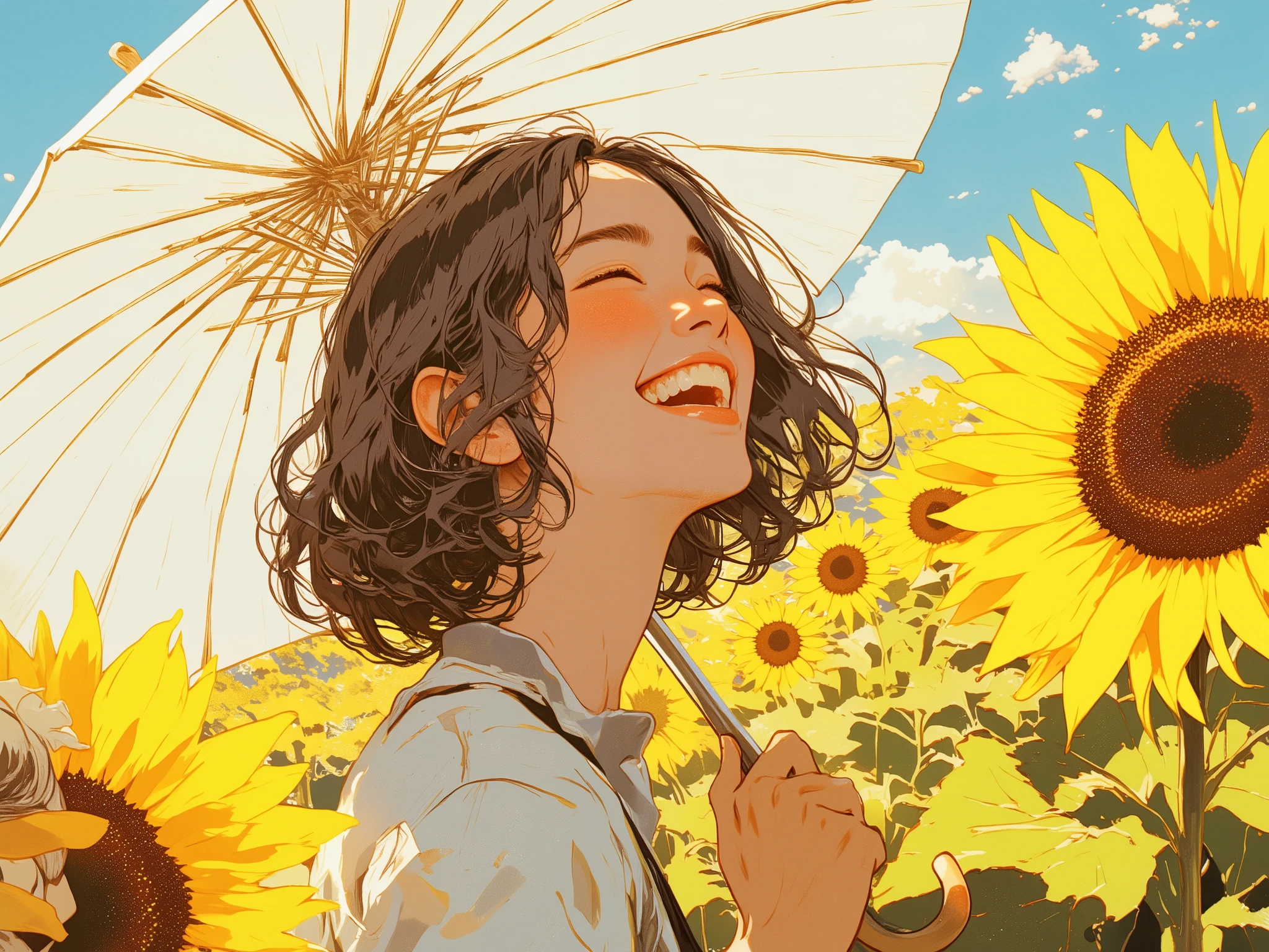   woman with an umbrella laughing a lot, Backlit sunlight  ,sunflower, White Parasol a pop art painting  , pop art , ( collage ), added  details,  closeup shot, a contemporary artistic collage, graphic  details, cut out collage,  details,   Artwork profile  , digital collage,Teeth, cowboy shot, 