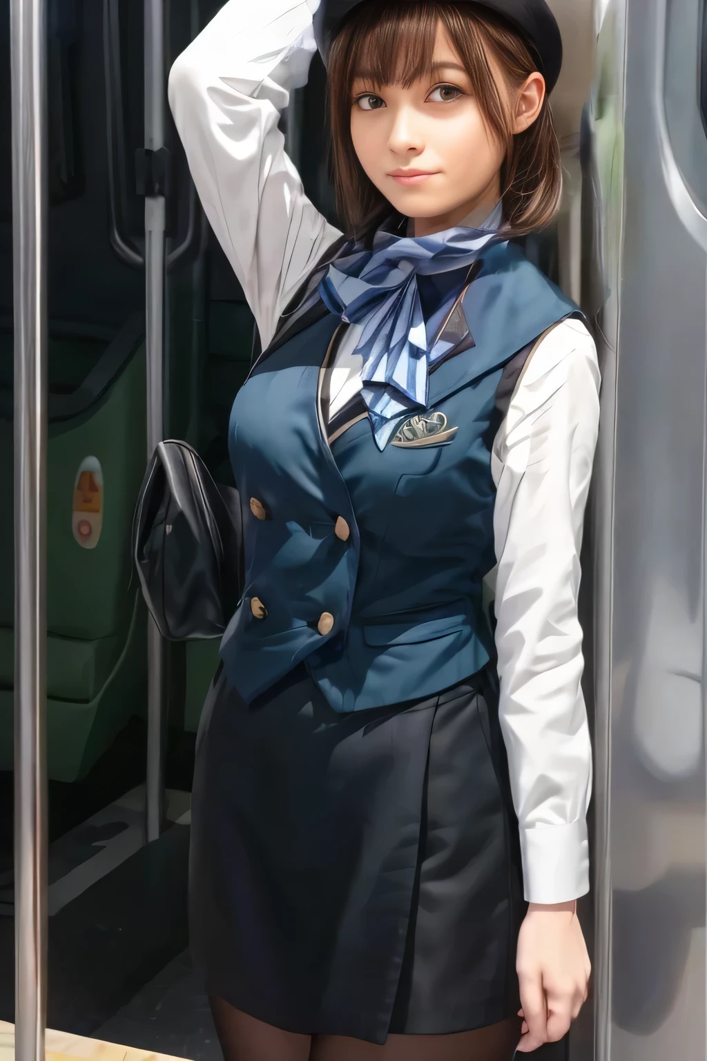 (Masterpiece:1.2, best quality :1.2), 32kHDR, kampala, (Alone、 1 girl)、(what 、 Professional Light )、In-flight background、( realistic style wearing a Nankai train crew uniform )、(( Nankai train crew uniform green vest ))、(( Nankai train crew uniform collarless white long sleeve blouse )) 、(( Nankai Electric Railway Crew Uniform Black Curled Culotte Skirt 、 A scarf is wrapped around her neck ))、 dark brown hair 、( long hair、 collected hair 、 collected hair )、 dark brown hair 、 long hit 、Big Breasts 、Thin legs、(( Amazing hands :2.0)),(( harmonious body proportions :1.5)),((Normal limbs:2.0)),((The usual :2.0)),(( Delicate Eyes :2.0)),((Normal eyes:2.0)))、smile、( beautiful figure wearing a Nankai train crew uniform )、Hands folded under the body 、 black round hat