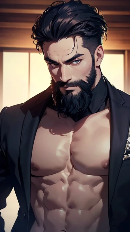 Big tits, microphone in hand, beard, open clothes, man face