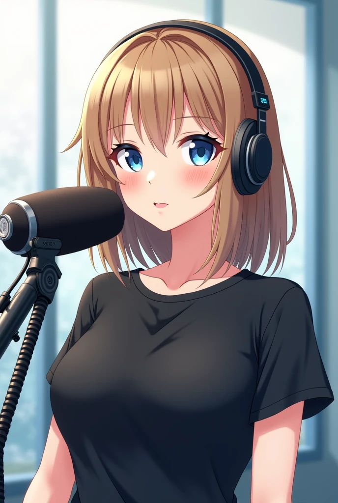 (masterpiece, best quality:1.4), ultra-detailed, soft light, natural lighting, cinematic light, film grain, (depth of field), (1woman, solo:1.4), mature woman, perfect female form, (perfect face, detailed face, glossy lips, eyeliner), short hair, blonde, (natural breasts), (white unbuttoned shirt, jeans, cleavage), (mixtape:1.4), (music store, discs, vinil, radio, amplifiers, speakers, headphones), (standing),