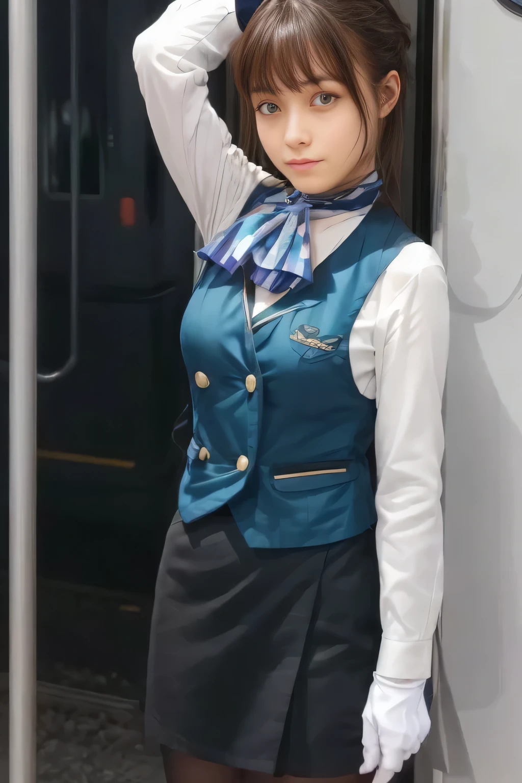 (Masterpiece:1.2, best quality :1.2), 32kHDR, kampala, (Alone、 1 girl)、(what 、 Professional Light )、In-flight background、( realistic style wearing a Nankai train crew uniform )、(( Nankai train crew uniform green vest ))、(( Nankai train crew uniform collarless white long sleeve blouse )) 、(( Nankai Electric Railway Crew Uniform Black Curled Culotte Skirt 、 A scarf is wrapped around her neck ))、 dark brown hair 、( long hair、 collected hair 、 collected hair )、 dark brown hair 、 long hit 、Big Breasts 、Thin legs、(( Amazing hands :2.0)),(( harmonious body proportions :1.5)),((Normal limbs:2.0)),((The usual :2.0)),(( Delicate Eyes :2.0)),((Normal eyes:2.0)))、smile、( beautiful figure wearing a Nankai train crew uniform )、Hands folded under the body 、 Black circle prevention