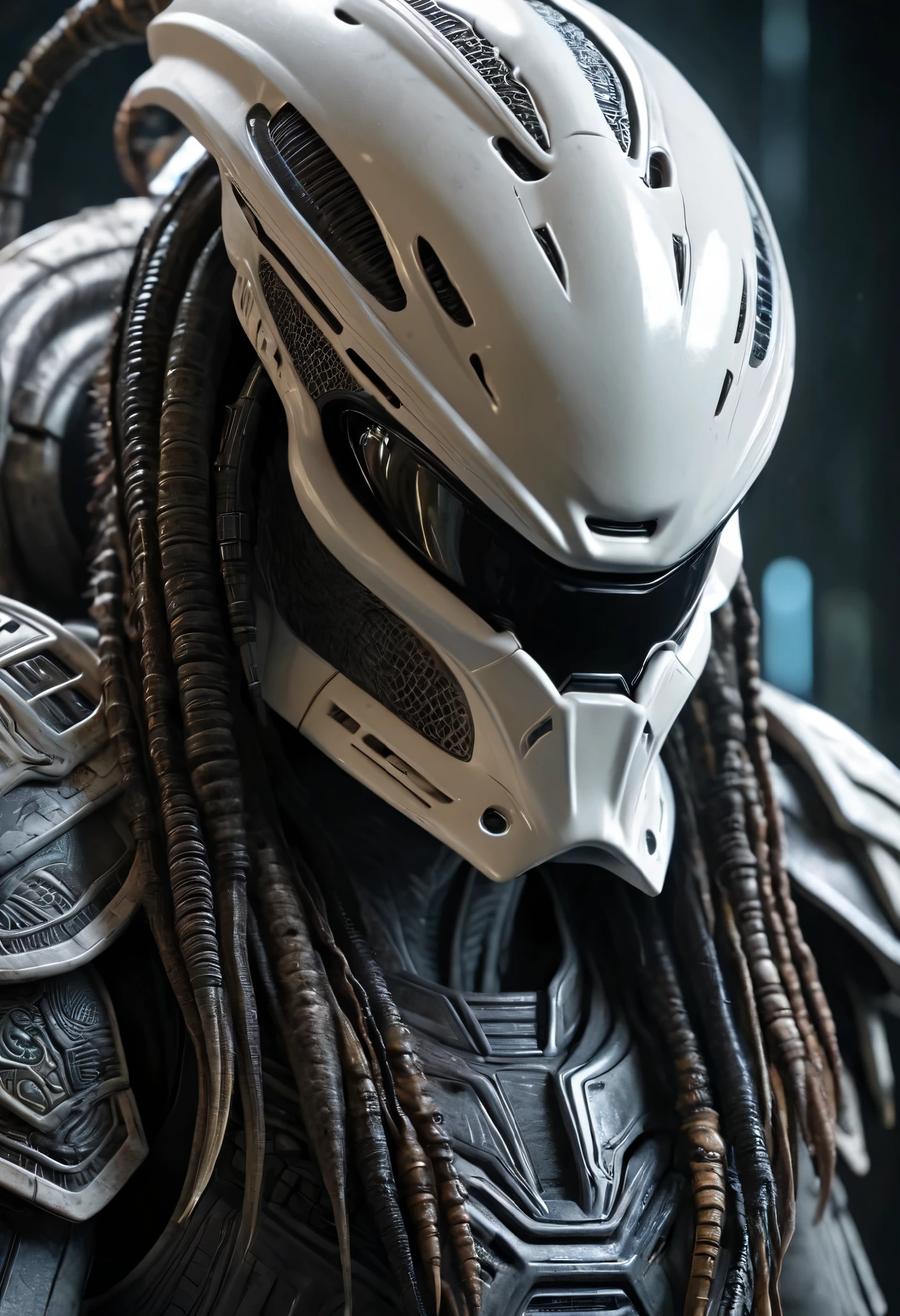 alien predator , alien predator  wearing stormtrooper armor clothing, (ArtStation:1.1), (intricate:1.1), ( great eye detail :0.7), Alone, eyes,  looking at the viewer , photorealistic, 8k, unreal engine, inspired by HR Giger ,  Half-Length Portrait,  extremely detailed ,