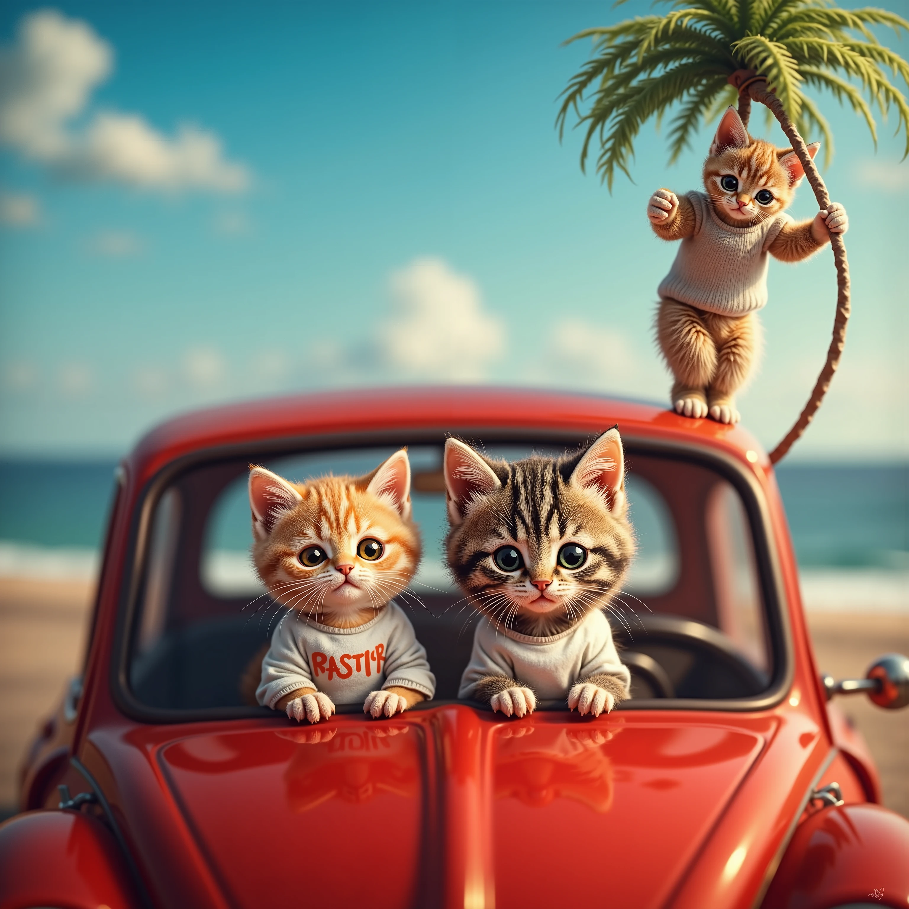   cat drawn in size 25 There are 2 adorable babys,Kitten in a car ,Red car, blue sky,Detailed and realistic coat , The kitten is wearing a t-shirt ,The background is a road by the sea, realistic cat with palm trees planted standing on 2 legs, eyes are like beautiful marbles , The wind flutters in the car 