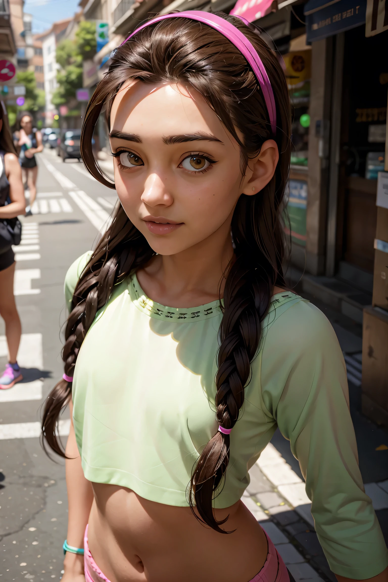An impressive and intricate full color portrait, Ultra-HD a  girl, brown hair with 2 braids, brown eyes, pink headband, detailed face, dressed in a light green sport outfit, navel, no logos, epic character composition, alessio albi, nina masic, sharp focus, natural lighting, subsurface dispersion, f2, 35mm, gentle smile