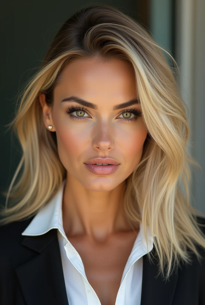 A sultry close-up shot of the blonde, blue-eyed, big-breasted, white MILF boss, her piercing gaze locking onto the camera as she confidently flaunts her wicked charm. Her low-cut blouse reveals tantalizing hints of cleavage, while her suit exudes professionalism and power. A sly smile spreads across her face, inviting viewers to succumb to her carnal wiles.