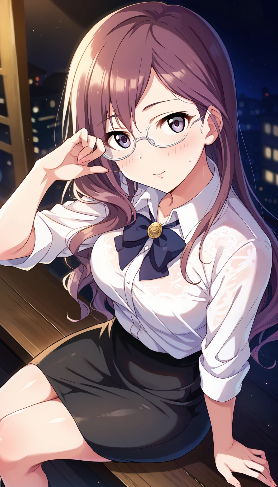 (((Yagami Makino)))、((( Black Tight Skirt)))、(( white shirt))、(((( angle from above)))、((( sleeveless)))、(A little long hair)、( indoor)、( thighs)、Purple Hair、Glasses、 Ulchan-6500-v1.1, ( RAW photos :1.2),  beautiful detailed,  very detailed on trendsな目 美しい目, beautiful eyes、  Large File Size ,  high resolution,  very detailed on trends,  best quality , [masterpiece:1.6], Awareness-raising,  very detailed on trends, CG, finely,  best quality , 8K wallpaper,  Completate、 excitement 、 very detailed on trends、blush