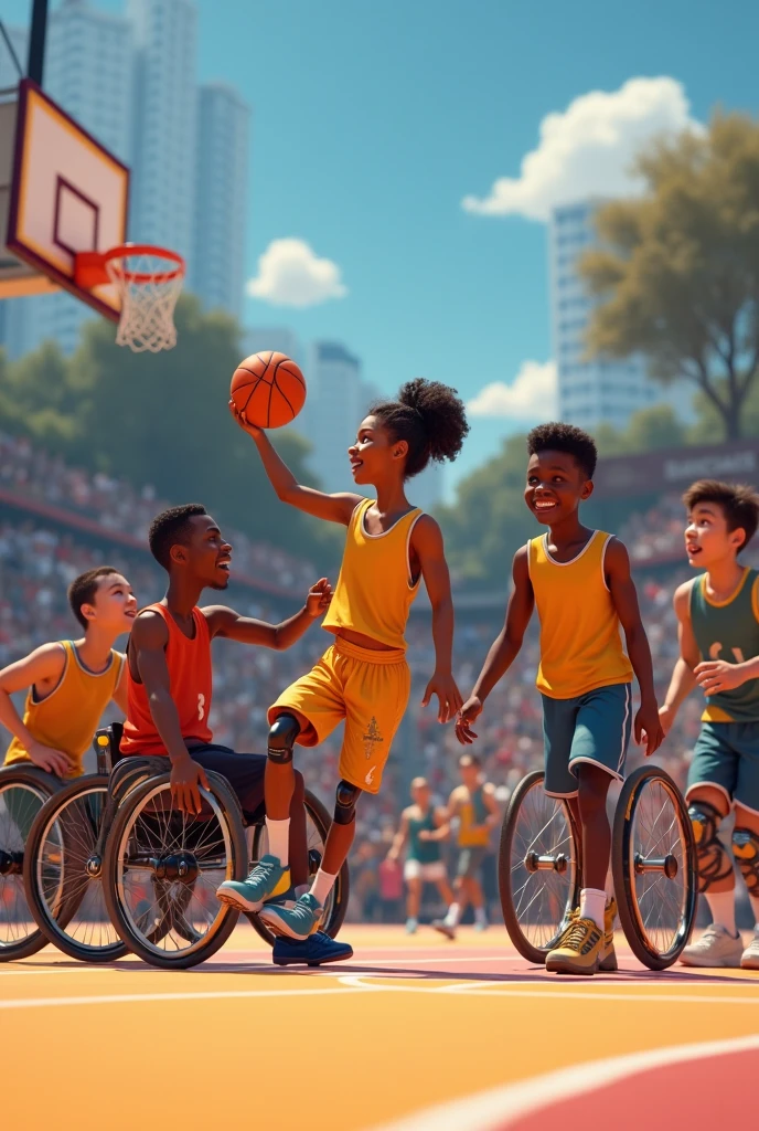 Two teams of children playing basketball, One with a yellow uniform and a lion insignia, the other with a blue uniform and an eagle insignia.