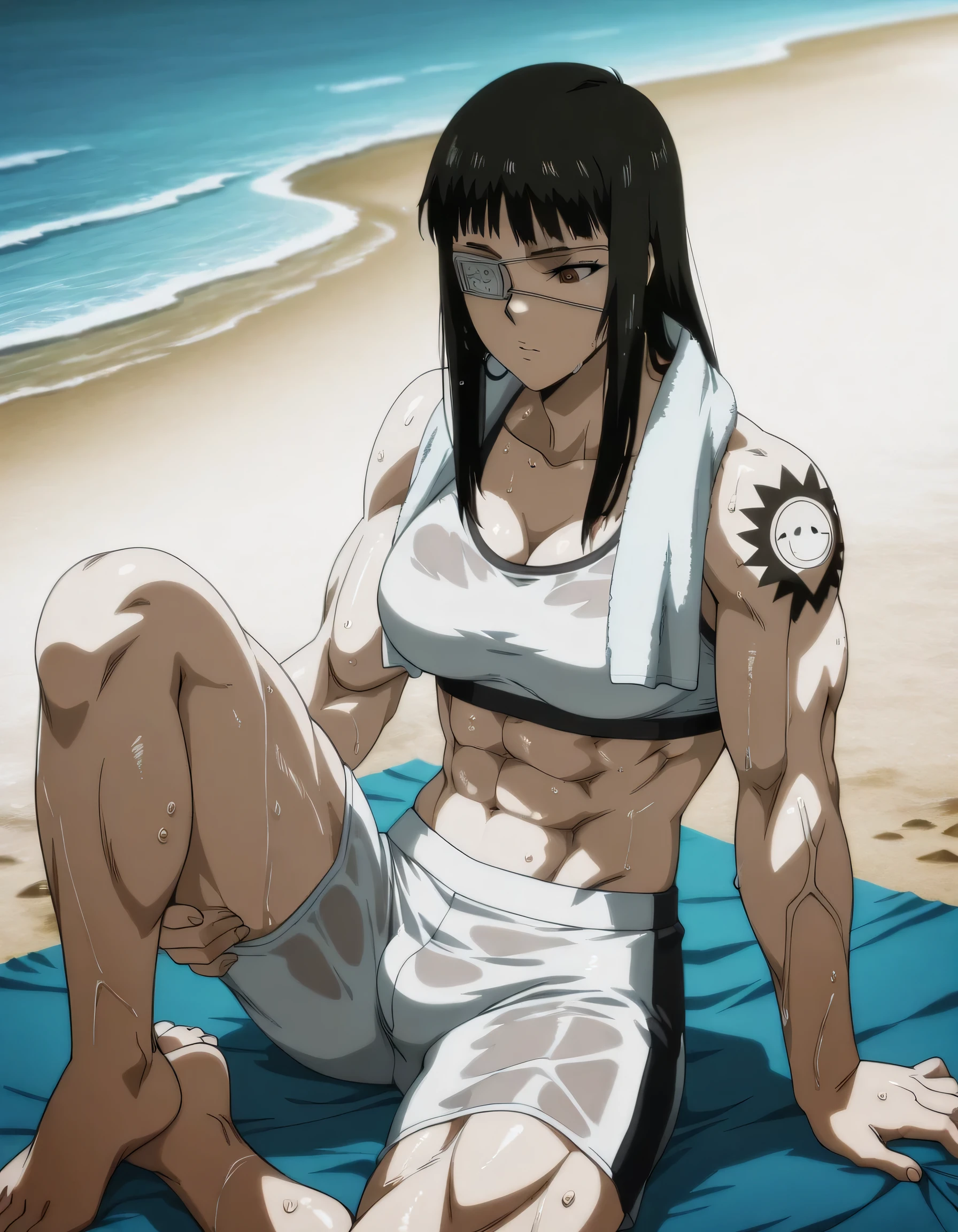 Woman with black hair, long and curly, athletic body and arms marked, medium chest and celestial clothes with blue