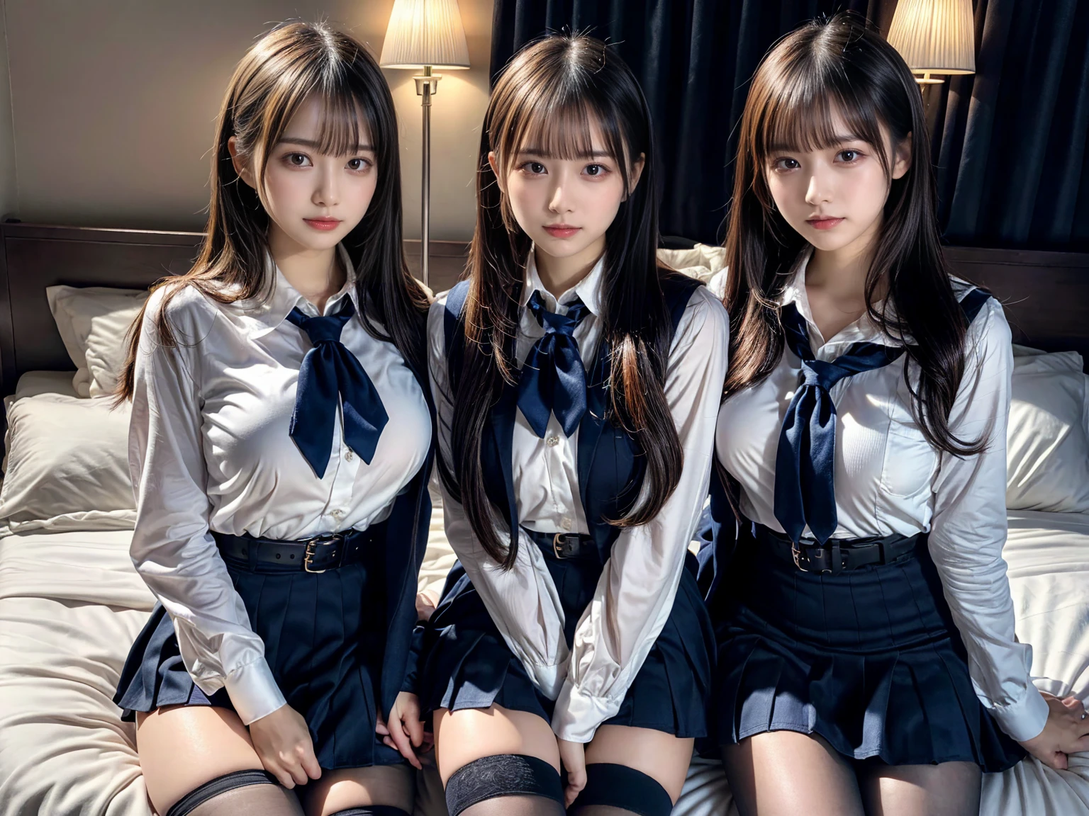 (8K, Raw photography, top-quality, masterpiece:1.2), master piece, best quality, illustration, Super detailed, fine details, High resolution, 8K,wall paper, perfect dynamic composition,(Details High quality, realistic depiction of eyes:1.3), ((2 girls, 2 schoolgirls)), The background is a luxury hotel room、High school girl uniform、blazer 、Super Short Check Uniform Skirt、Navy blue high socks、garterbelts、Colossal tits、Disturbed uniform, Play with each other,Touching each other's bodies,Touching the body of the girl next door, short bob hair, black hair color, huge breasts, Big Natural Color Lip, bold sexy pose, (perfect body shape), crying a little、cold gaze, Beautiful makeup,glitter makeup,Cutest 18 years old, beautiful legs, hposing Gravure Idol, Voluptuous thighs
